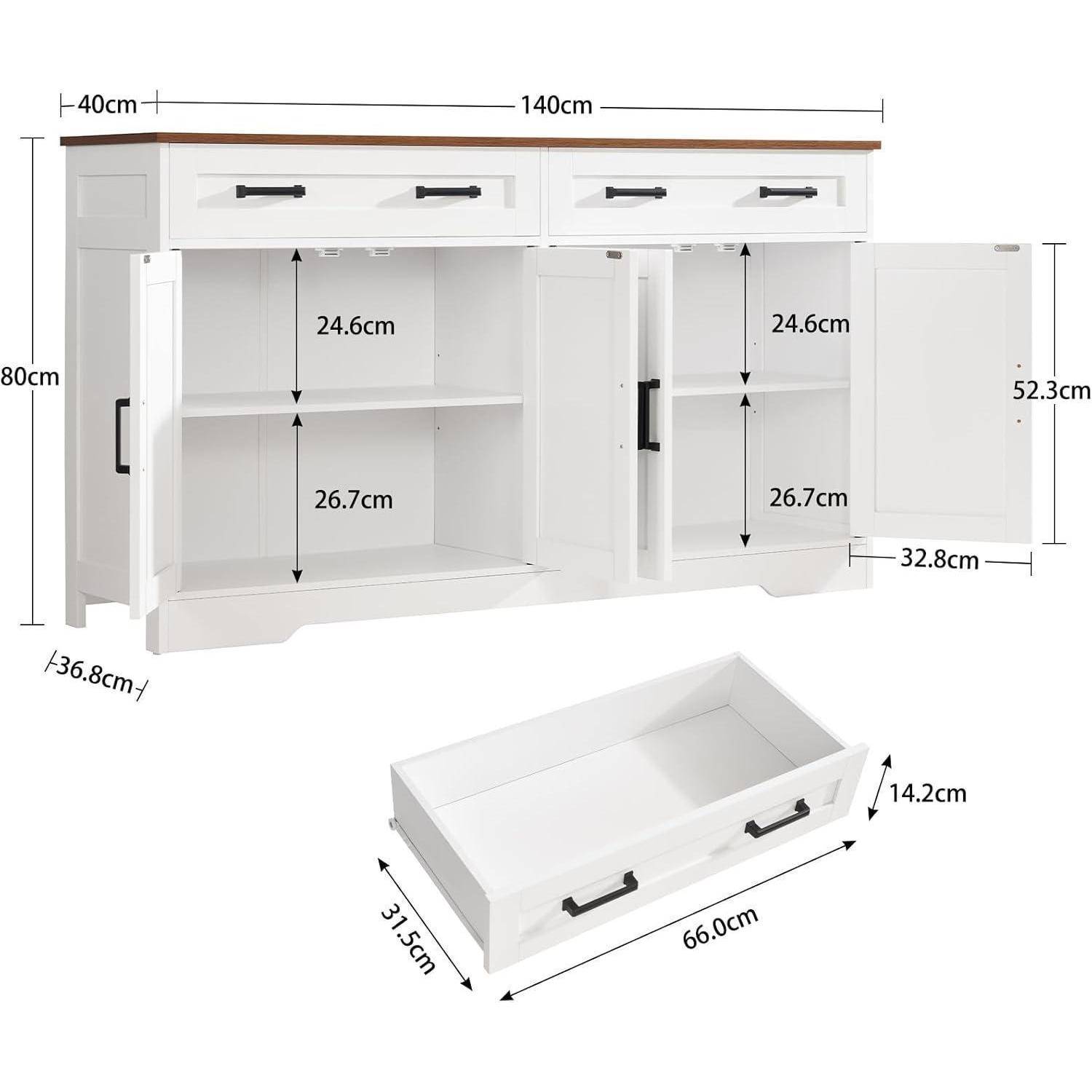 Sideboard weiß 140x40x80cm mit 2 Schubladen und verstellbaren Regalen