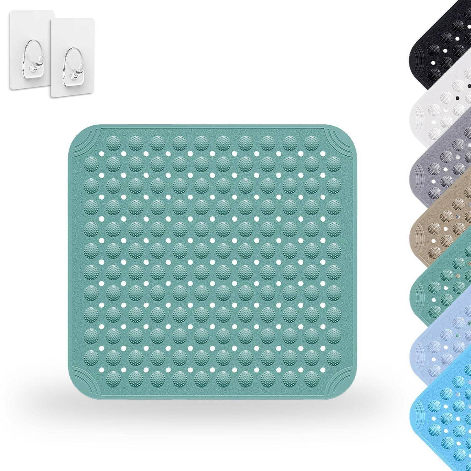 Quadratische rutschfeste Badematte mit Saugnapfen, dargestellt in Teal mit mehreren Farboptionen und wandmontierten Haken, auf weißem Hintergrund.