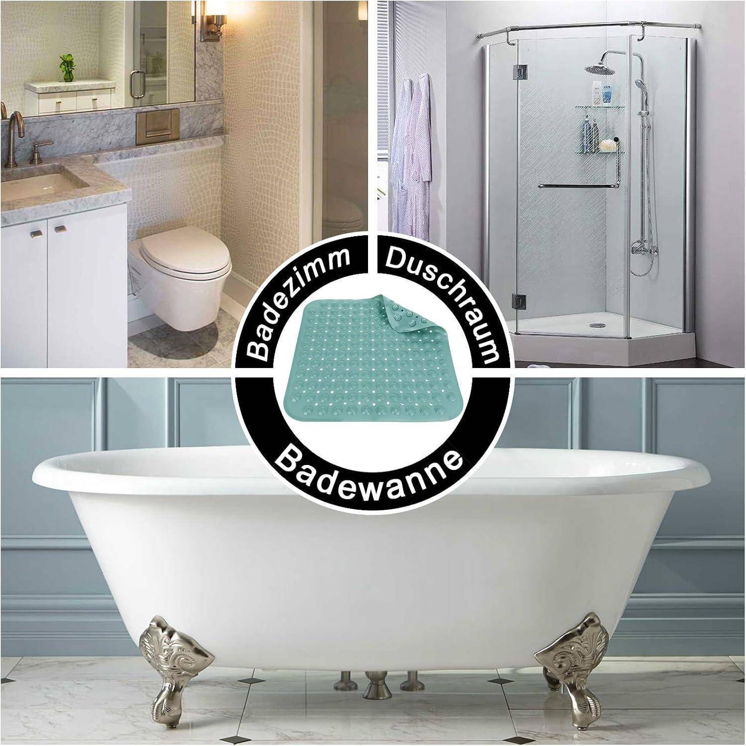 Rutschfeste Badezimmermatte, die zur Verwendung im Badezimmer, in der Dusche oder in der Badewanne gezeigt wird; zentriertes Produktbild mit Badezimmer- und Duschbeispielen.