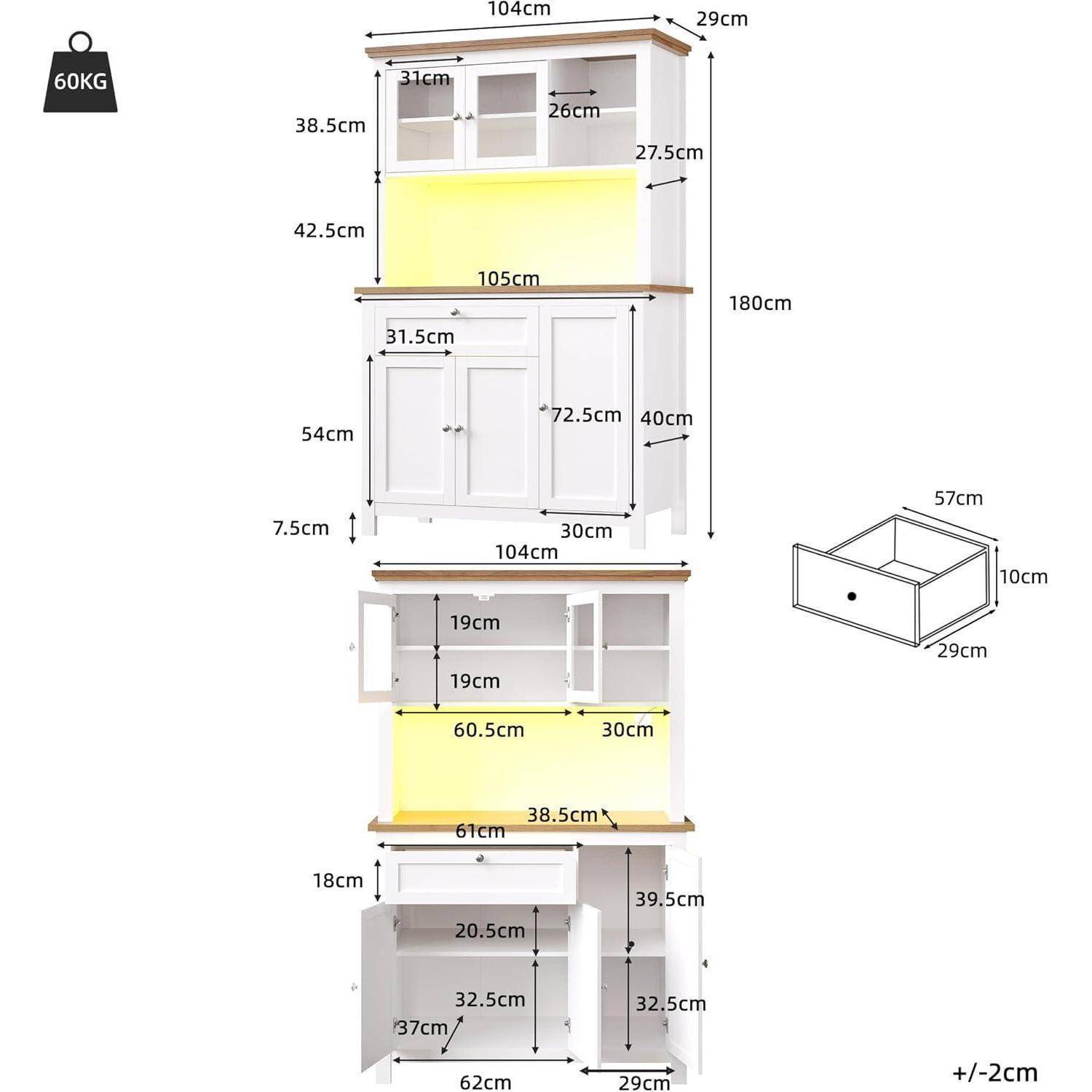 Küchenschrank Hochschrank mit LED, 2 Glastüren, 3 Türen, 1 Schublade