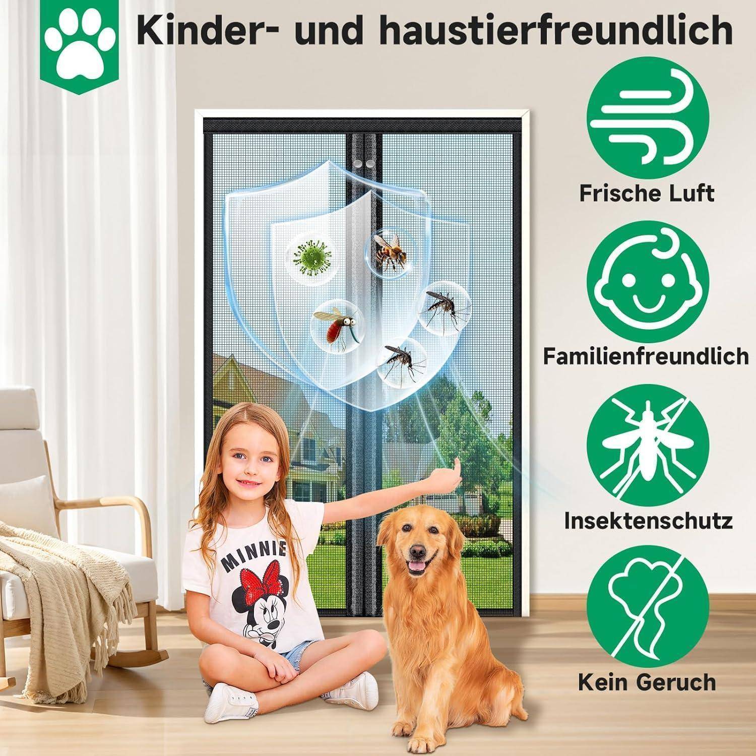 Fliegengitter Balkontür 90x210cm Schwarz Magnetverschluss Glasfasernetz ohne Bohren