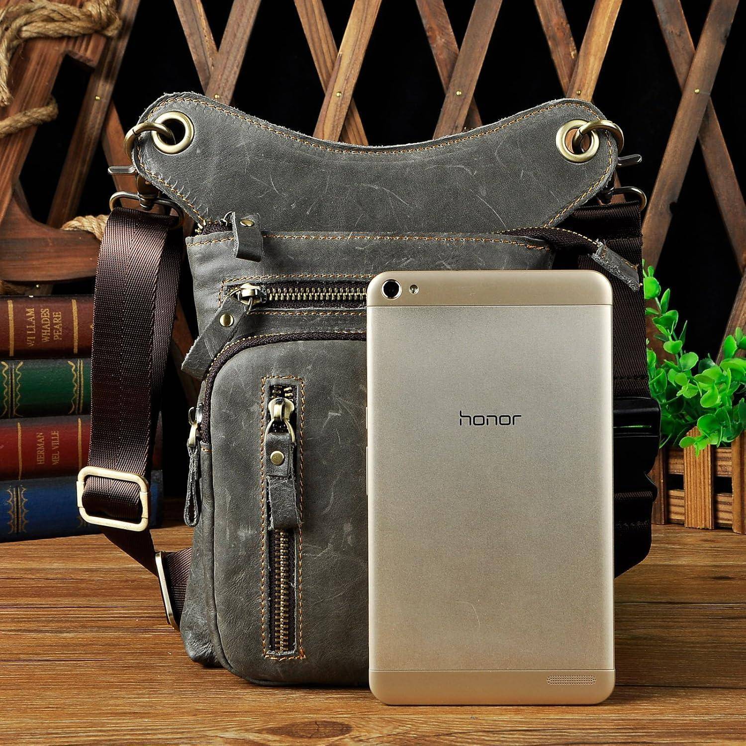 Herren Leder Motorrad Hüfttasche Schultertasche 211-11 Grau