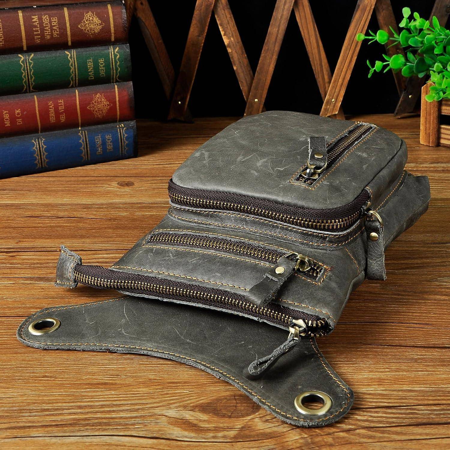 Herren Leder Motorrad Hüfttasche Schultertasche 211-11 Grau