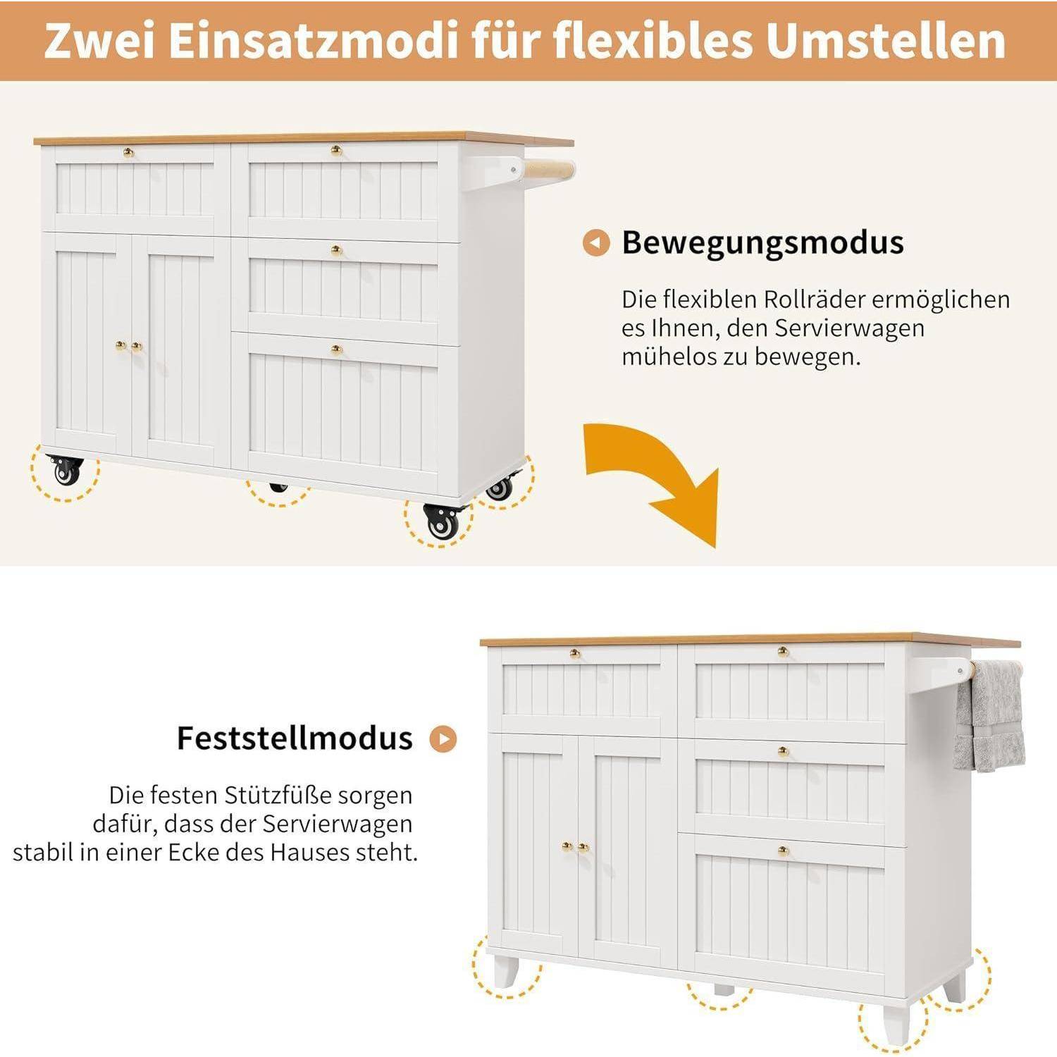 Kücheninsel mit Rollen und Stützfüßen Weiß 133x70x88cm
