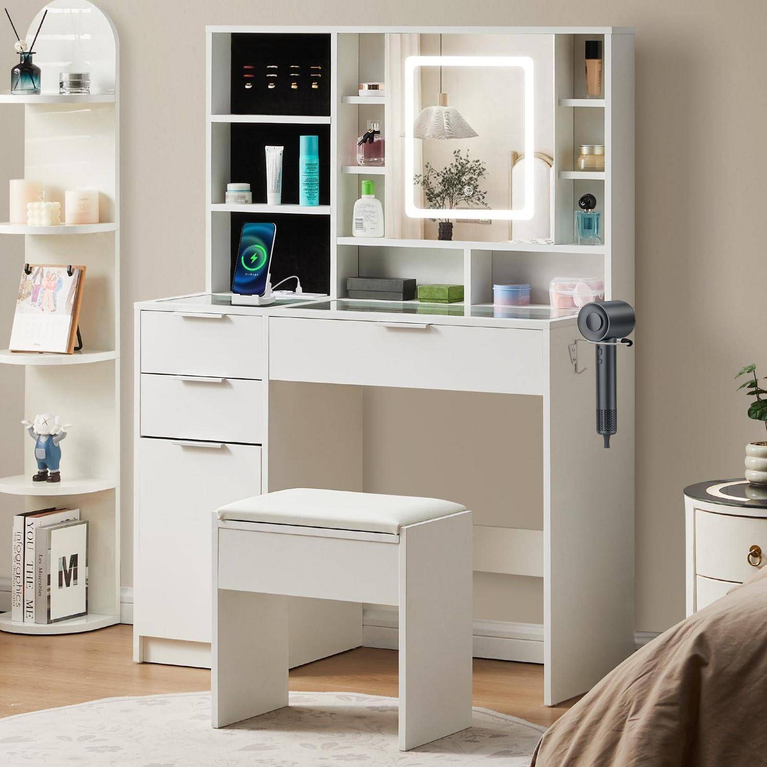 Schminktisch mit LED-Beleuchtung, 3 Schubladen, Glasplatte, Ladestation, Weiß