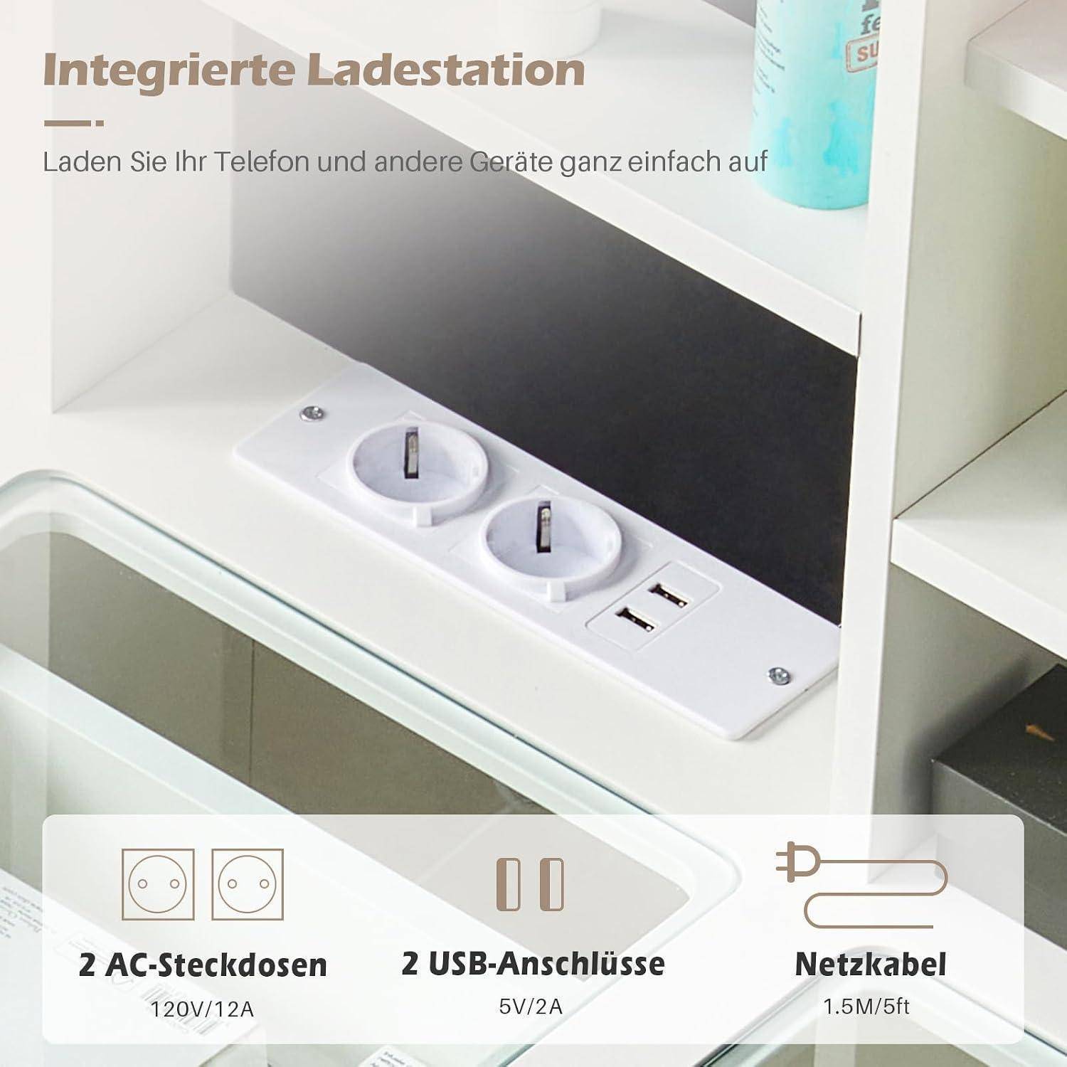 Schminktisch mit LED-Beleuchtung, 3 Schubladen, Glasplatte, Ladestation, Weiß