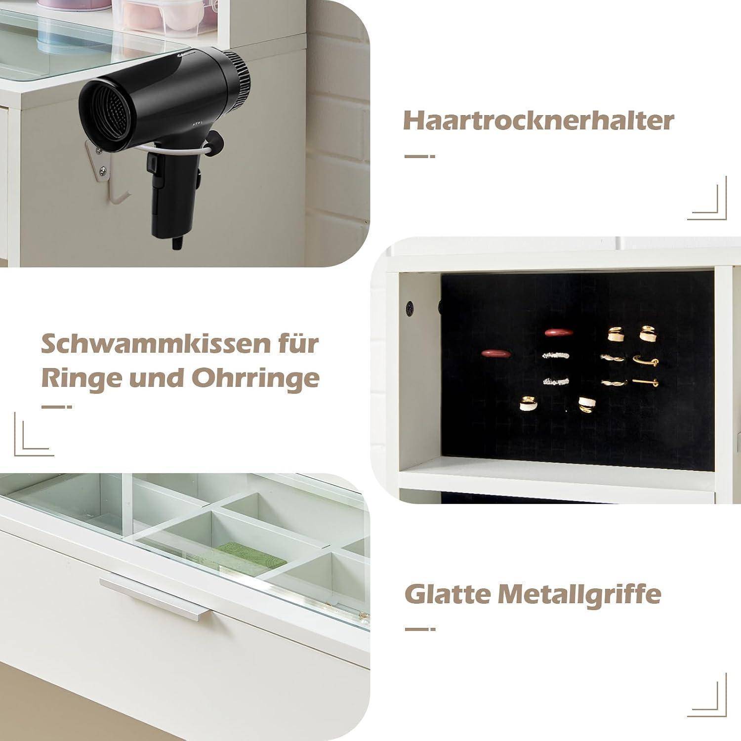 Schminktisch mit LED-Beleuchtung, 3 Schubladen, Glasplatte, Ladestation, Weiß