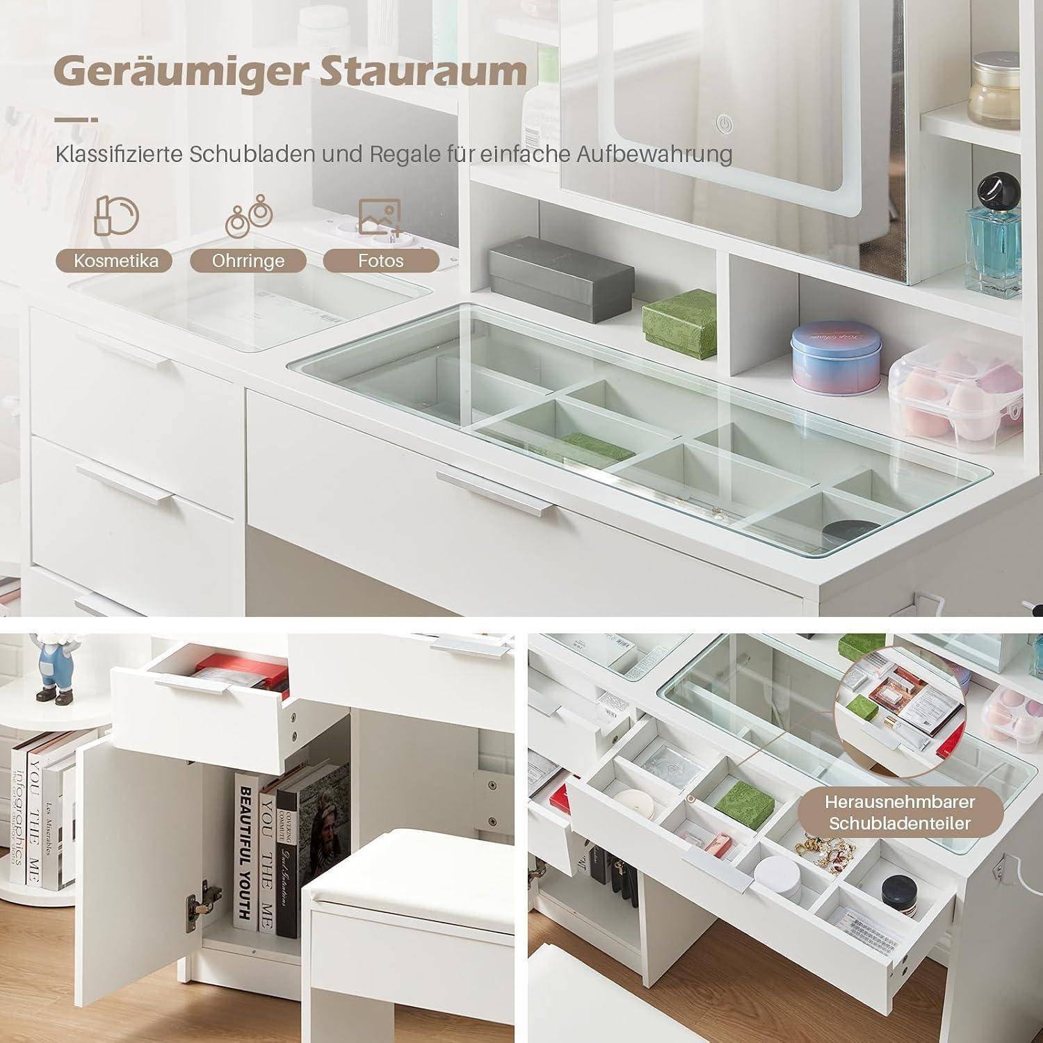 Schminktisch mit LED-Beleuchtung, 3 Schubladen, Glasplatte, Ladestation, Weiß