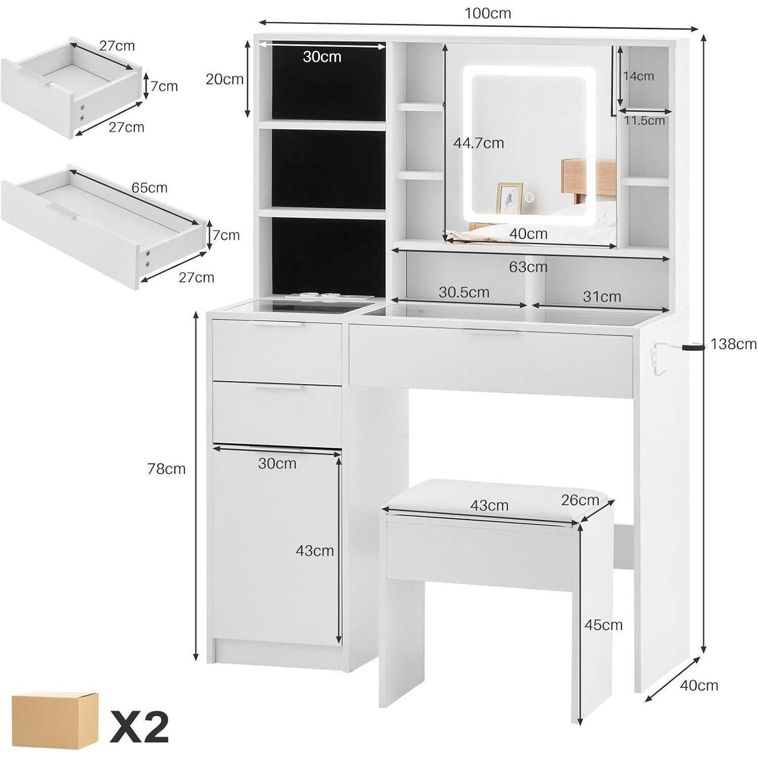 Schminktisch mit LED-Beleuchtung, 3 Schubladen, Glasplatte, Ladestation, Weiß