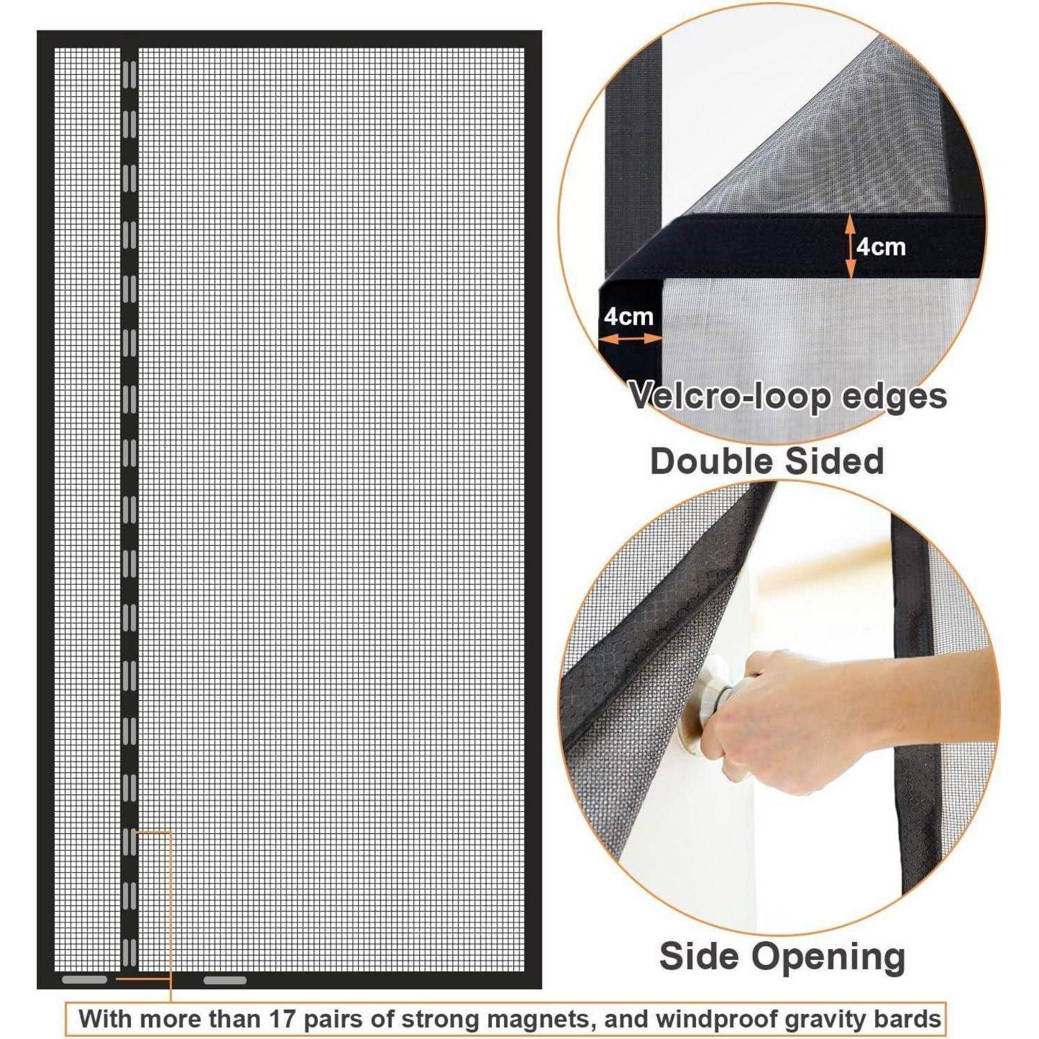 Produktdiagramm einer magnetischen Fliegengittertür mit doppelseitigen Klettverschluss-Kanten, seitlicher Öffnung, 4 cm Kantenbreite und über 17 Magnetpaaren für windsichere Verschließung.