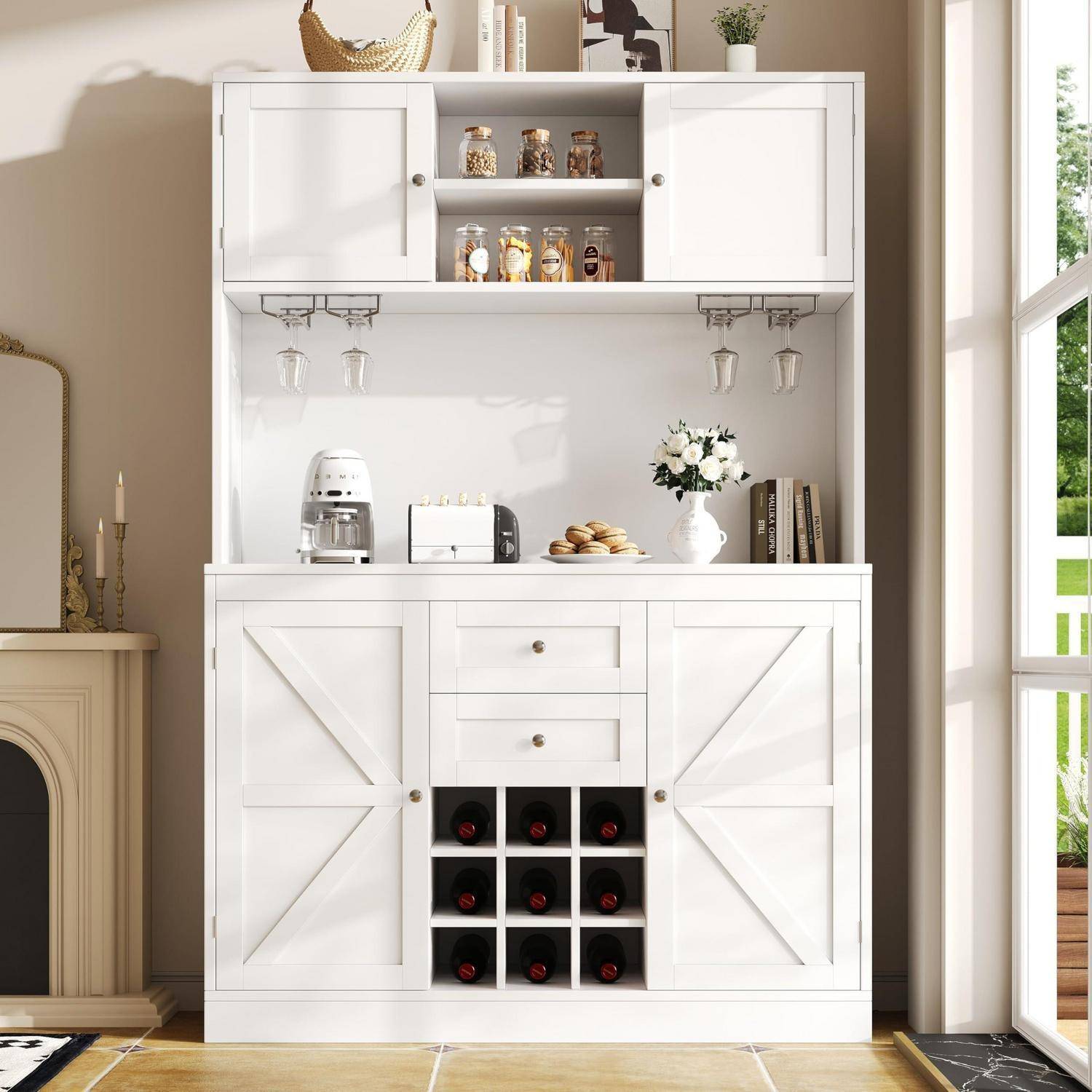 Küchenhochschrank mit Weinregal, 4 Türen, 2 Schubladen, Weiß