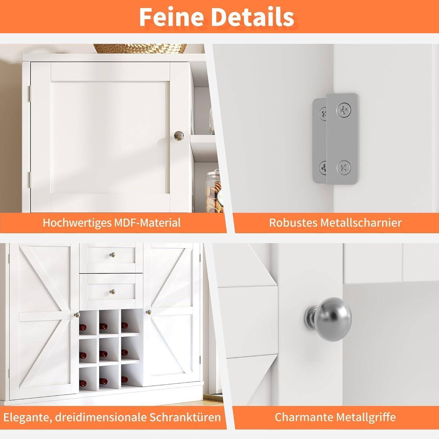 Küchenhochschrank mit Weinregal, 4 Türen, 2 Schubladen, Weiß