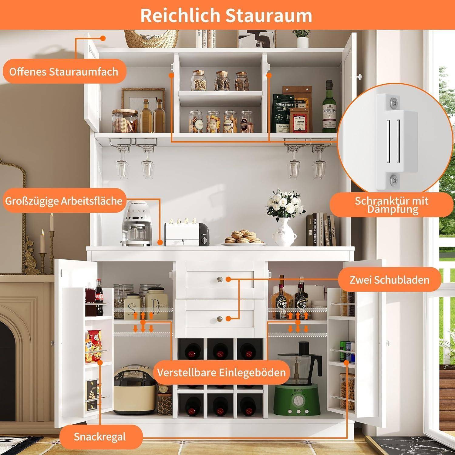 Küchenhochschrank mit Weinregal, 4 Türen, 2 Schubladen, Weiß