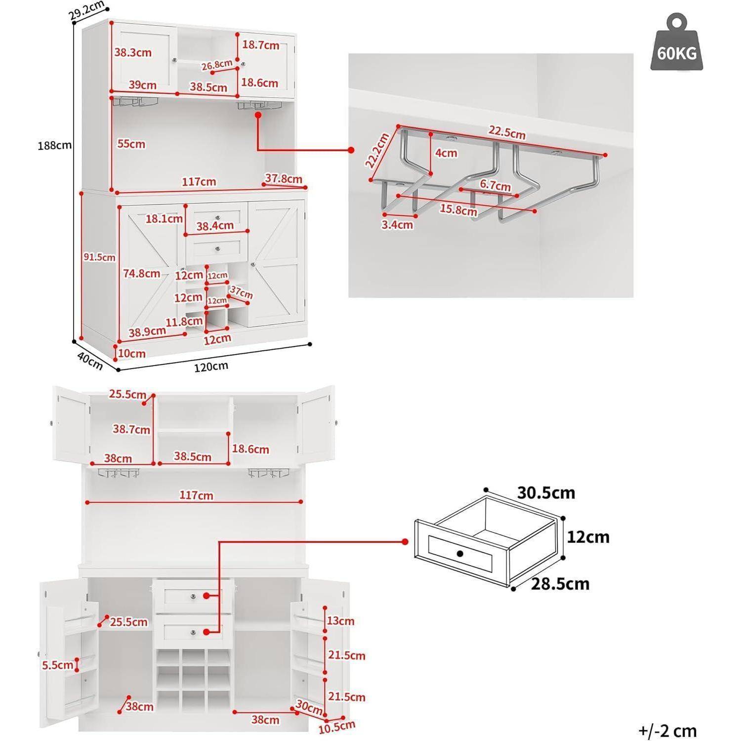 Küchenhochschrank mit Weinregal, 4 Türen, 2 Schubladen, Weiß