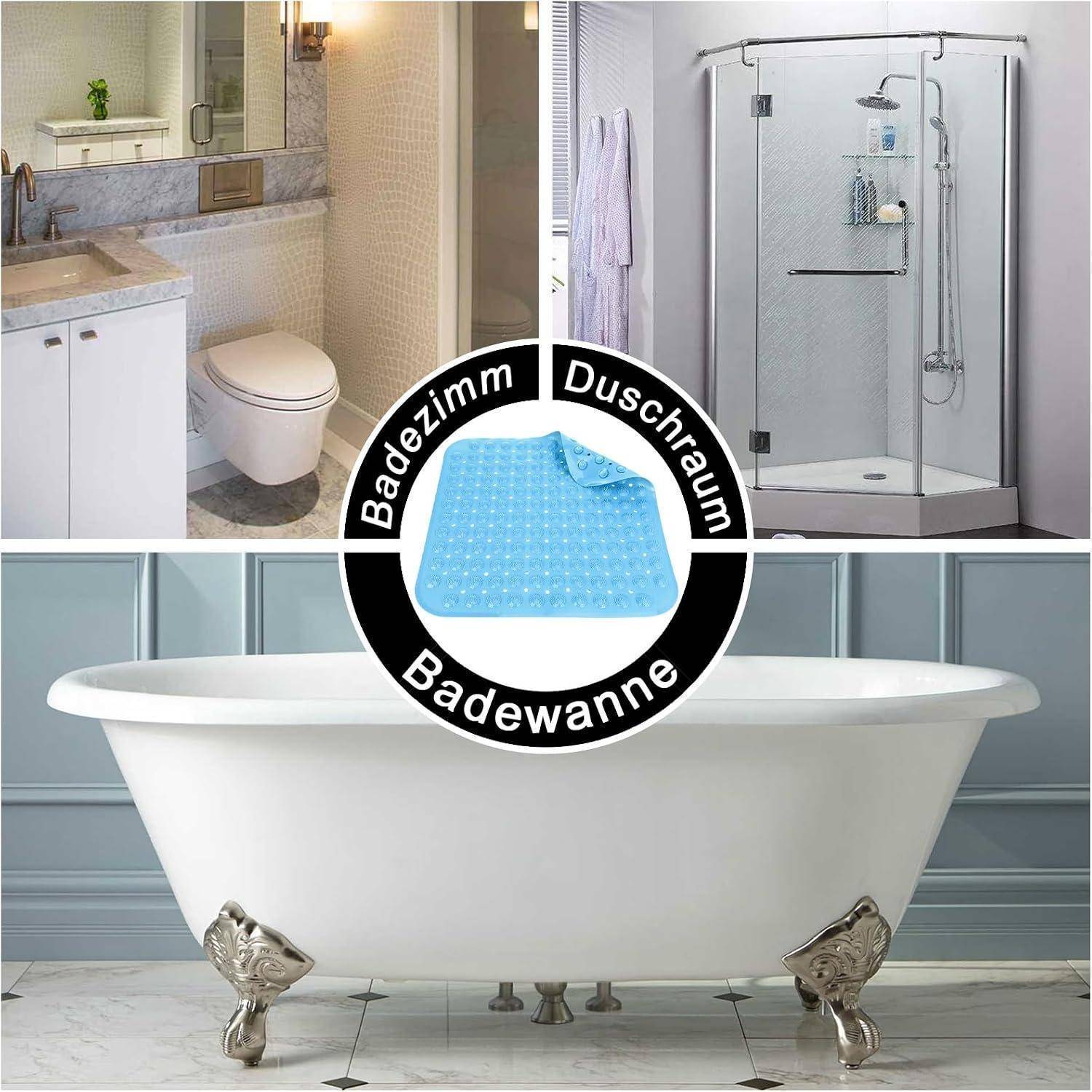 Collage von Badezimmer, Dusche und Badewanne, die eine blaue rutschfeste Matte mit den Bezeichnungen „Badezimmer