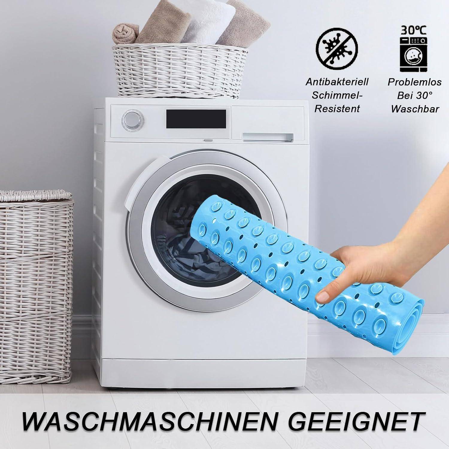 Produktbild einer blauen rutschfesten, antibakteriellen Matte, die vor einer Frontlader-Waschmaschine gehalten wird, mit deutscher Beschriftung 