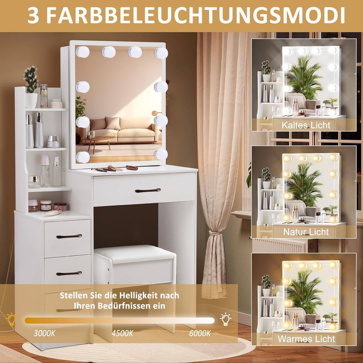 Schminktisch Beleuchtung 6 Schubladen Hocker 1903DES08 83 x 130 cm