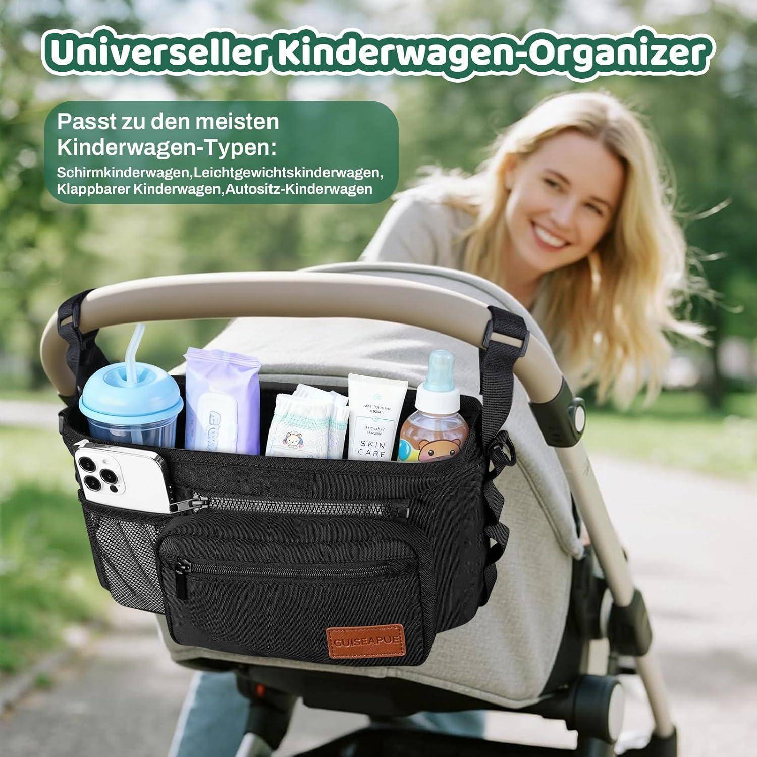 Kinderwagenorganizer mit Getränkehalter Schwarz