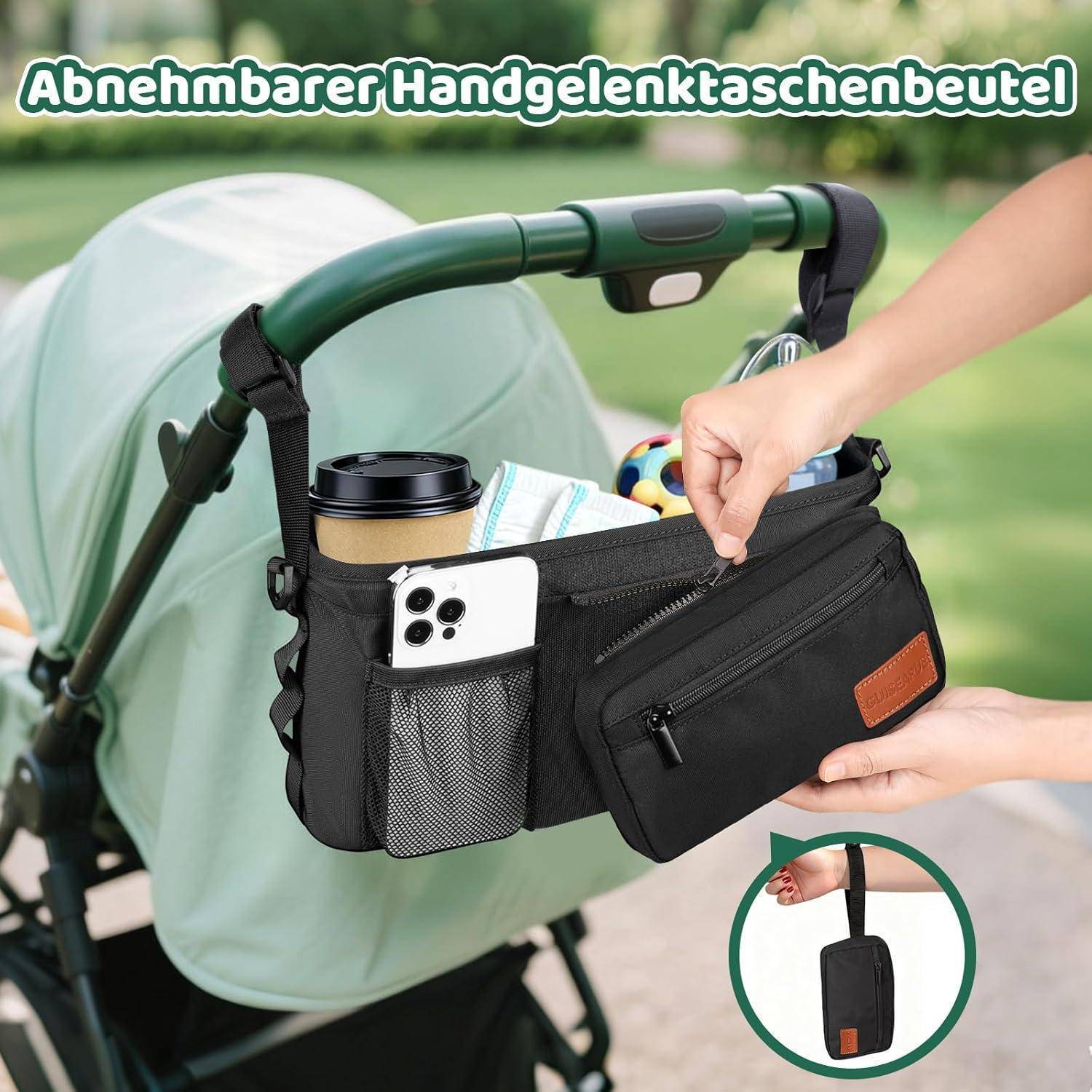 Kinderwagenorganizer mit Getränkehalter Schwarz