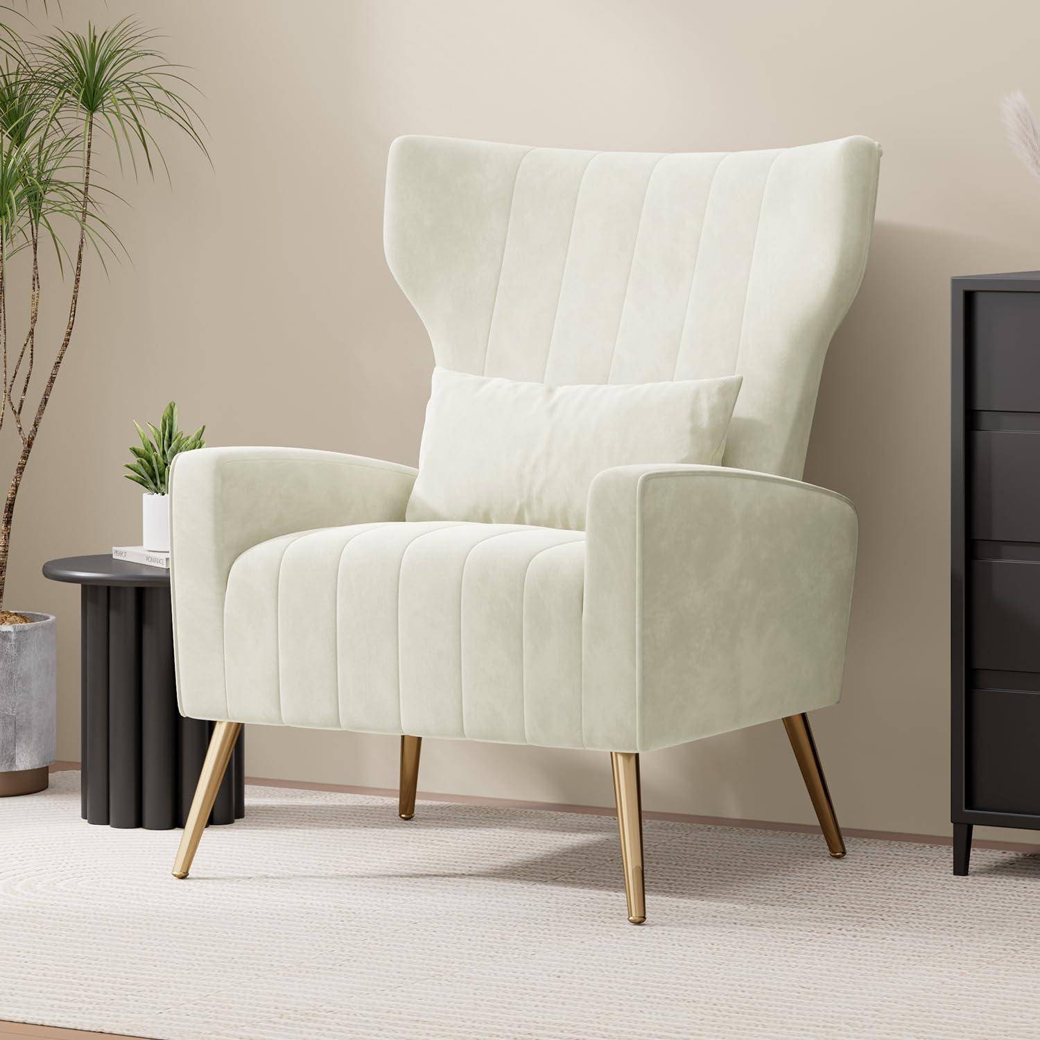 Relaxsessel Samt Beige mit Kopfkissen und Metallfüßen bis 130kg