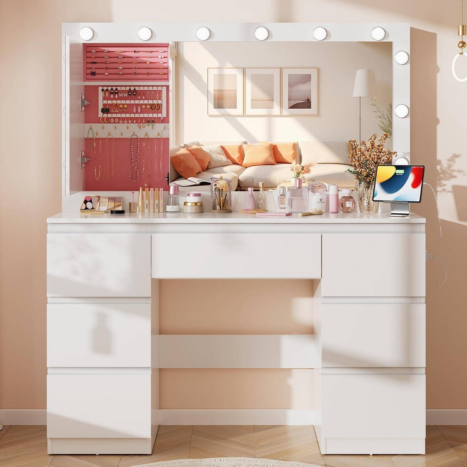 Airfish Schminktisch mit LED, 7 Schubladen, Schmuckschrank, Steckdosen, Weiß