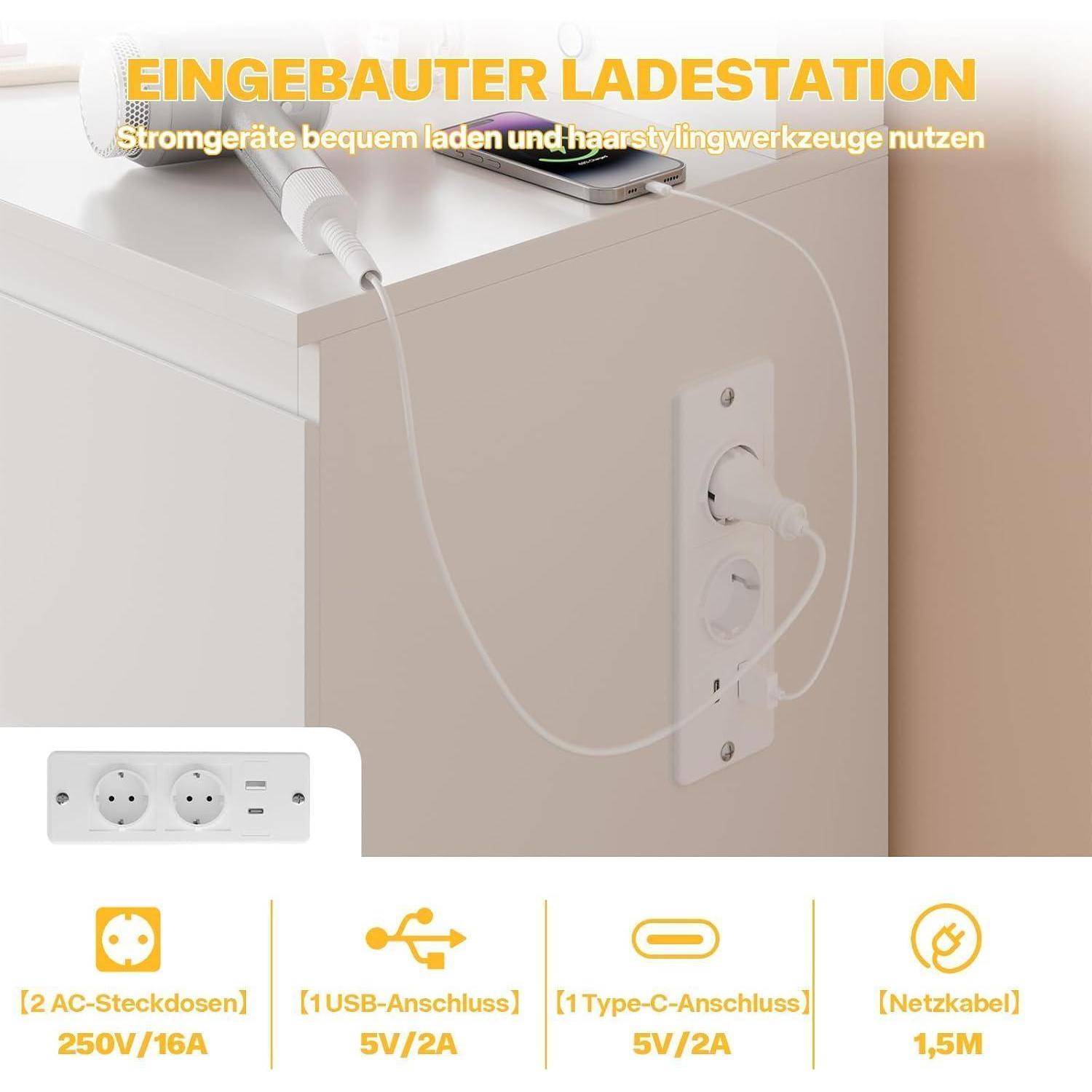 Airfish Schminktisch mit LED, 7 Schubladen, Schmuckschrank, Steckdosen, Weiß