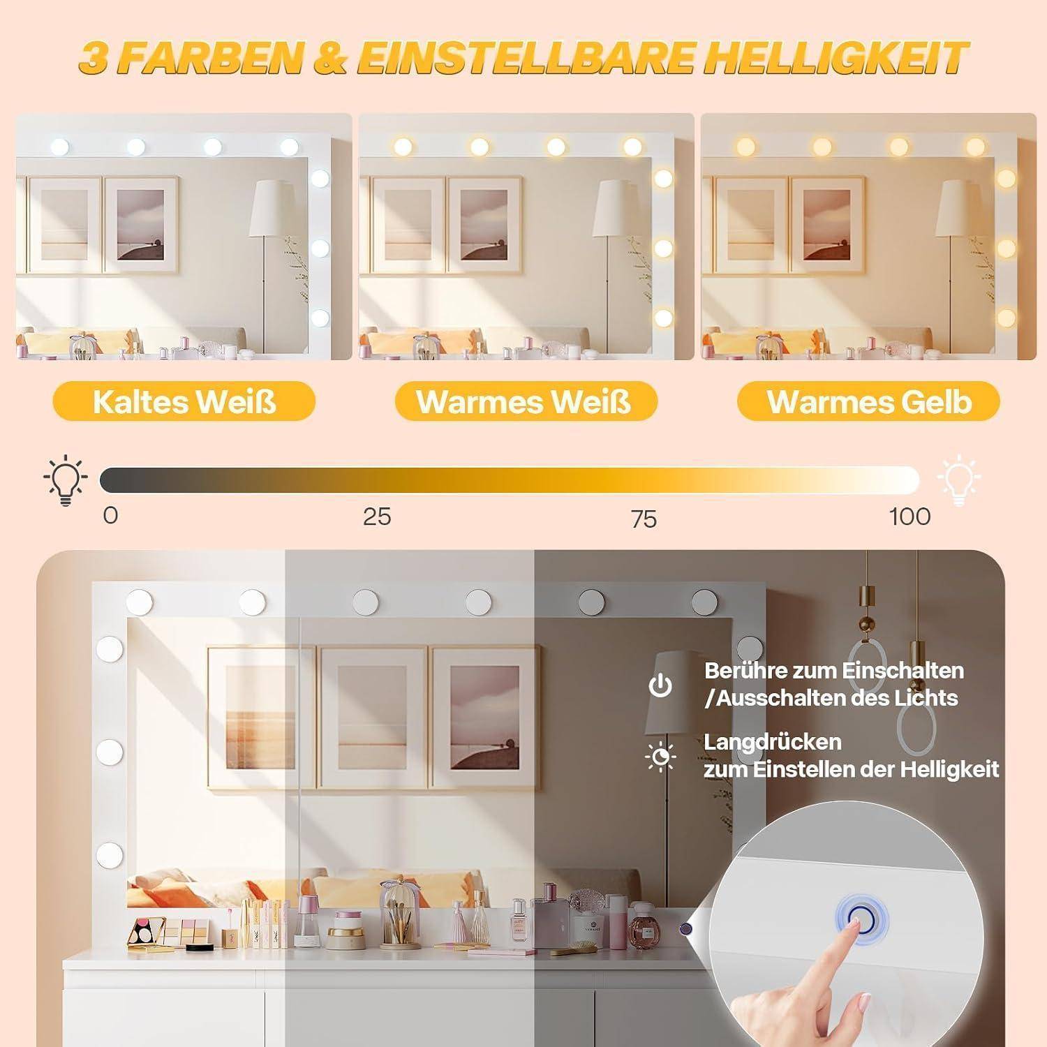 Airfish Schminktisch mit LED, 7 Schubladen, Schmuckschrank, Steckdosen, Weiß