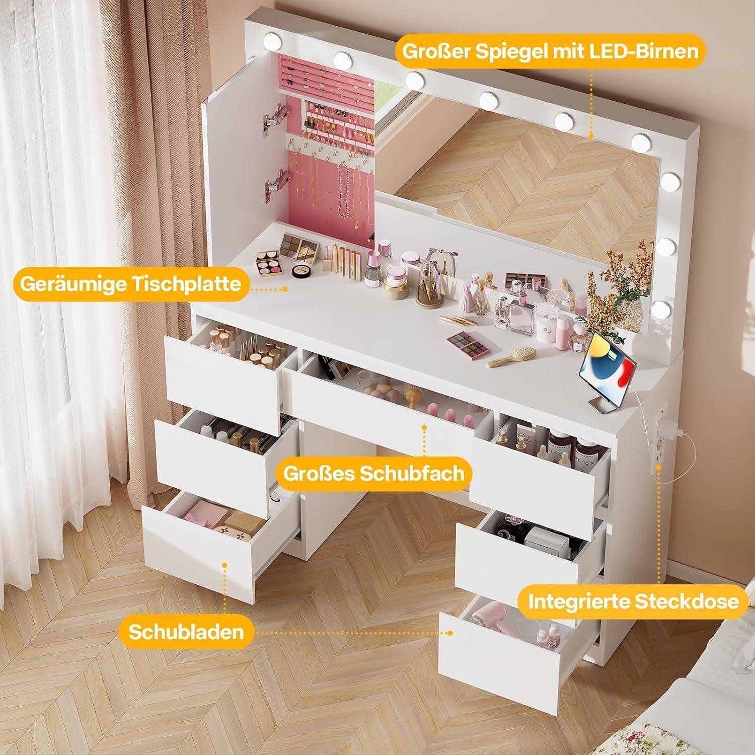 Airfish Schminktisch mit LED, 7 Schubladen, Schmuckschrank, Steckdosen, Weiß