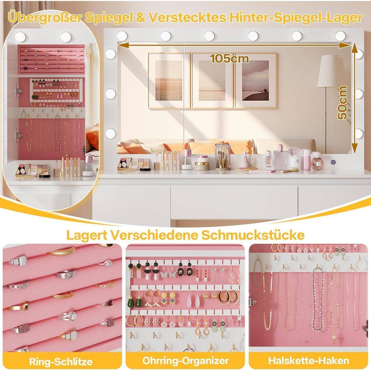 Airfish Schminktisch mit LED, 7 Schubladen, Schmuckschrank, Steckdosen, Weiß