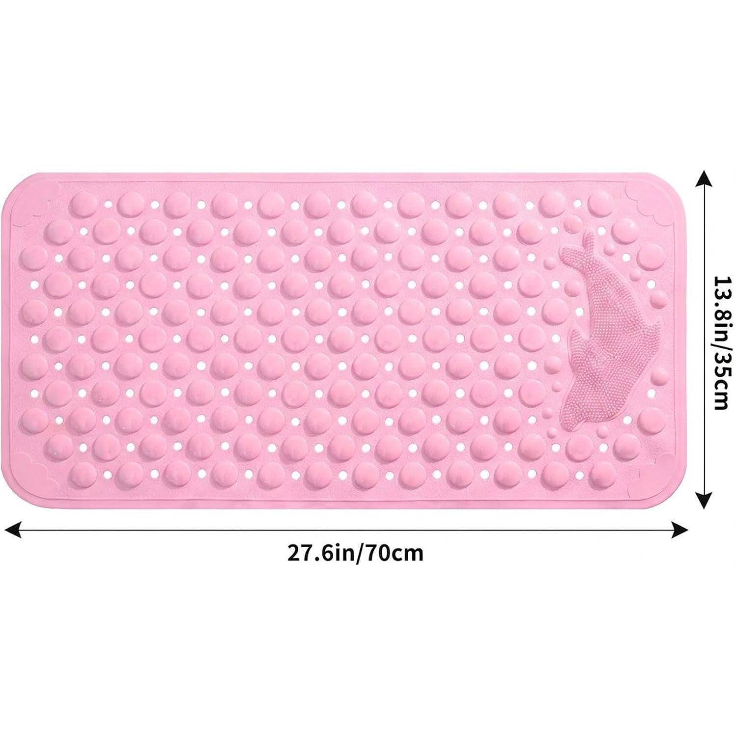 Rosa rechteckige Badmatte mit Saugnapfbefestigung und strukturierter rutschfester Oberfläche, gezeigt mit Größenangaben 27,6 Zoll/70 cm mal 13,8 Zoll/35 cm.
