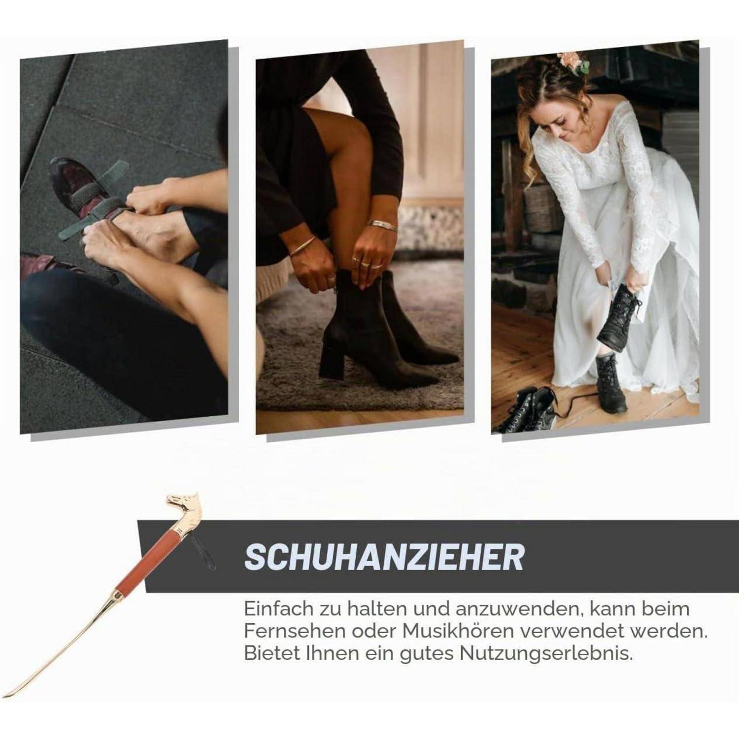 Anzeige für einen Schuhanzieher namens 'SCHUHANZIEHER', der drei Personen zeigt, die ihn zum Anziehen von Stiefeln verwenden; deutscher Text besagt, dass er leicht zu halten und zu bedienen ist, während man fernsieht oder Musik hört.