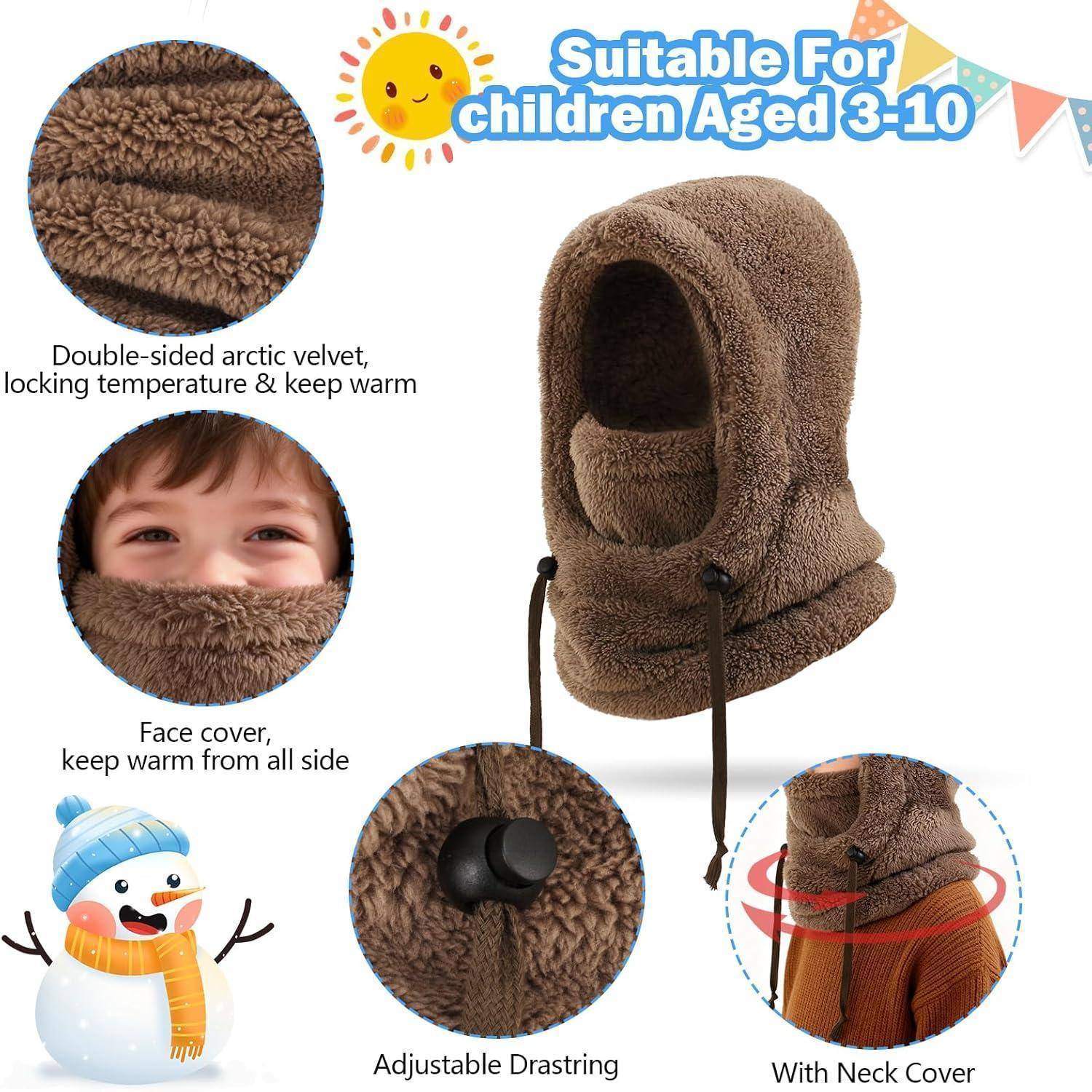Kinder Sturmhaube Fleece 3-10 Jahre Braun Multifunktion Winddicht Warm