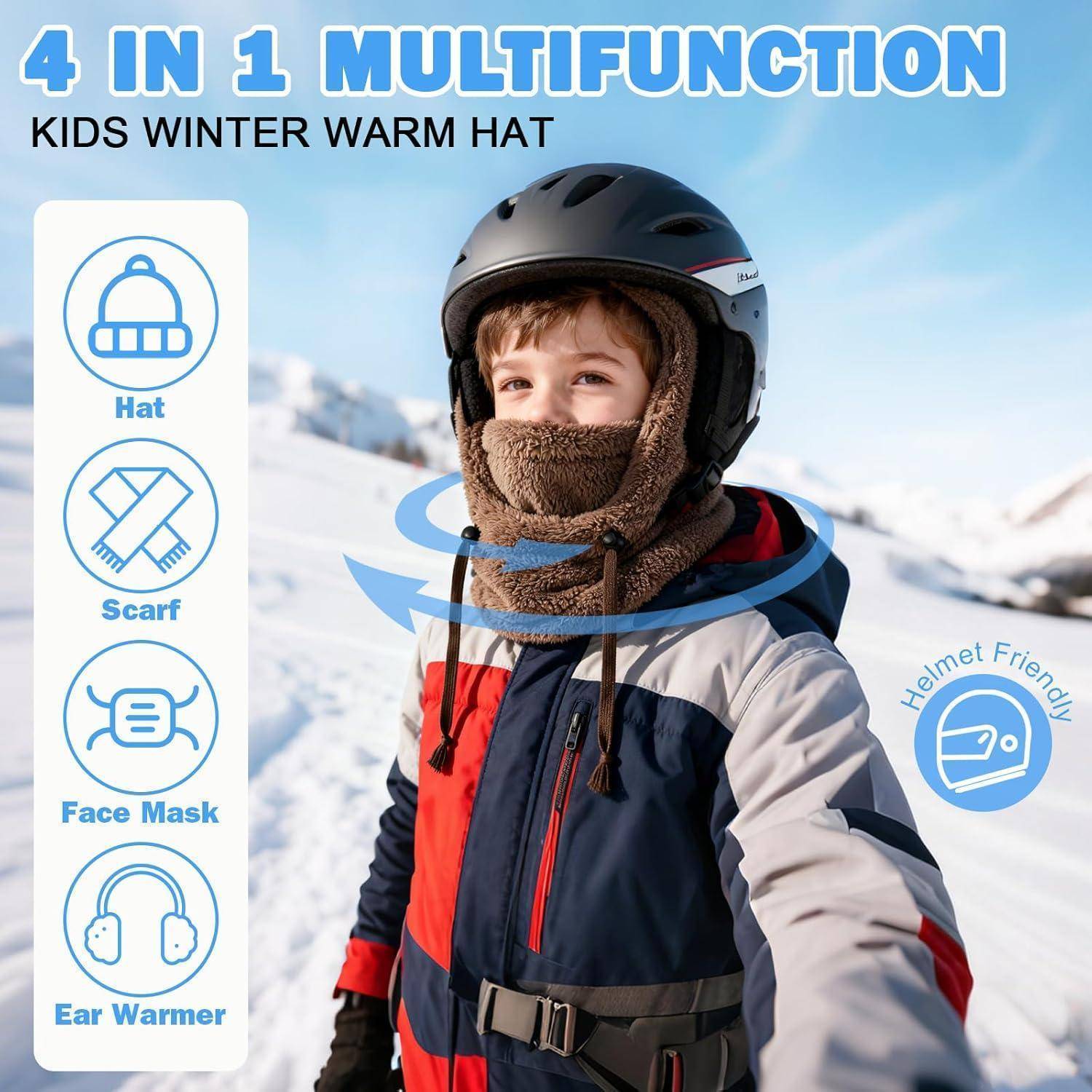 Werbebild eines Kindes in einem Skihelm, das eine braune Wintermütze trägt, die gleichzeitig als Schal, Gesichtsmaske und Ohrenerwärmer fungiert, mit der Bezeichnung „4 in 1 Multifunktion" Kinder-Winterwärmekappe.