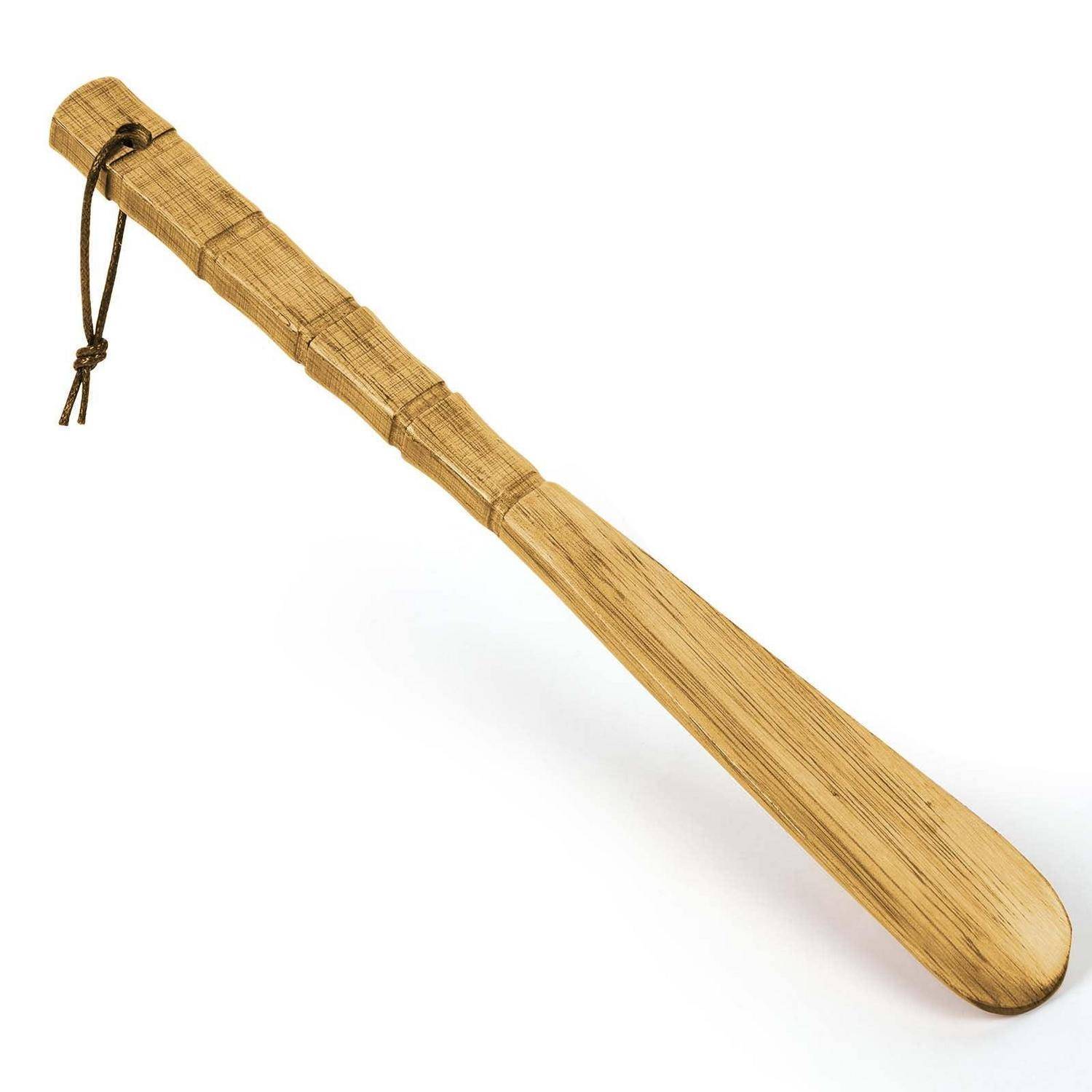 Schuhlöffel Holz 32cm mit Bambusgriff und Aufhänger-Seil