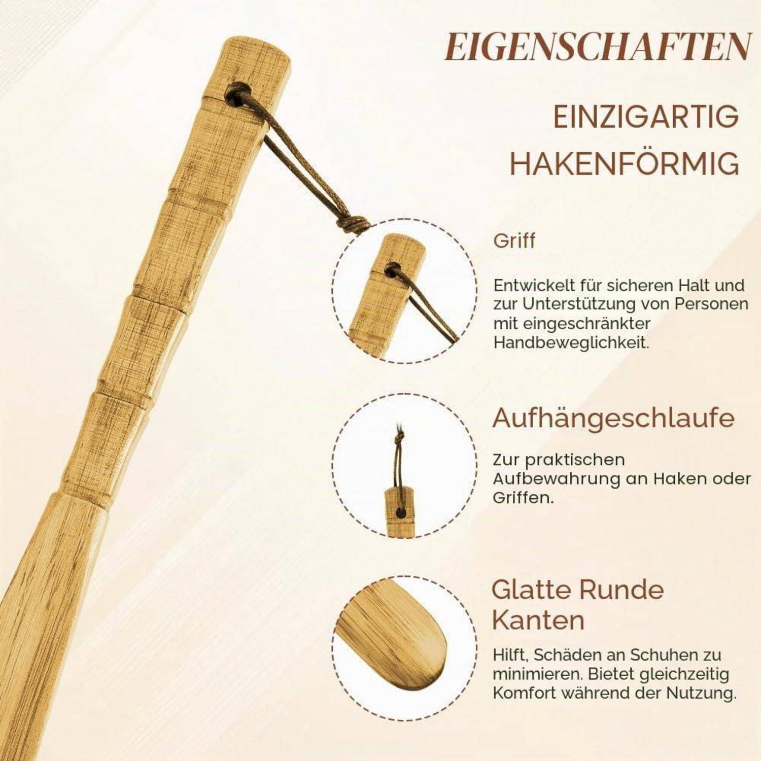Schuhlöffel Holz 32cm mit Bambusgriff und Aufhänger-Seil