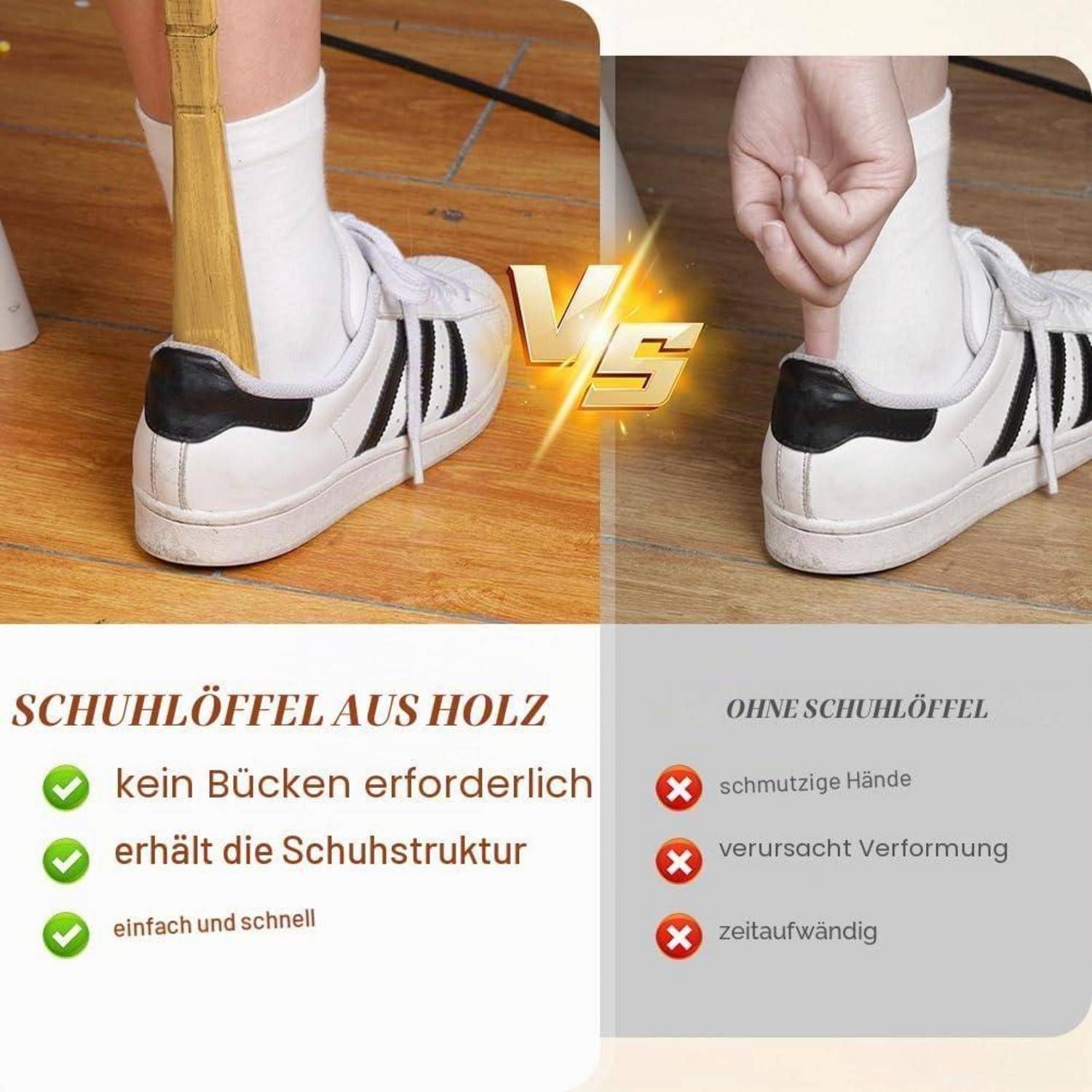 Schuhlöffel Holz 32cm mit Bambusgriff und Aufhänger-Seil