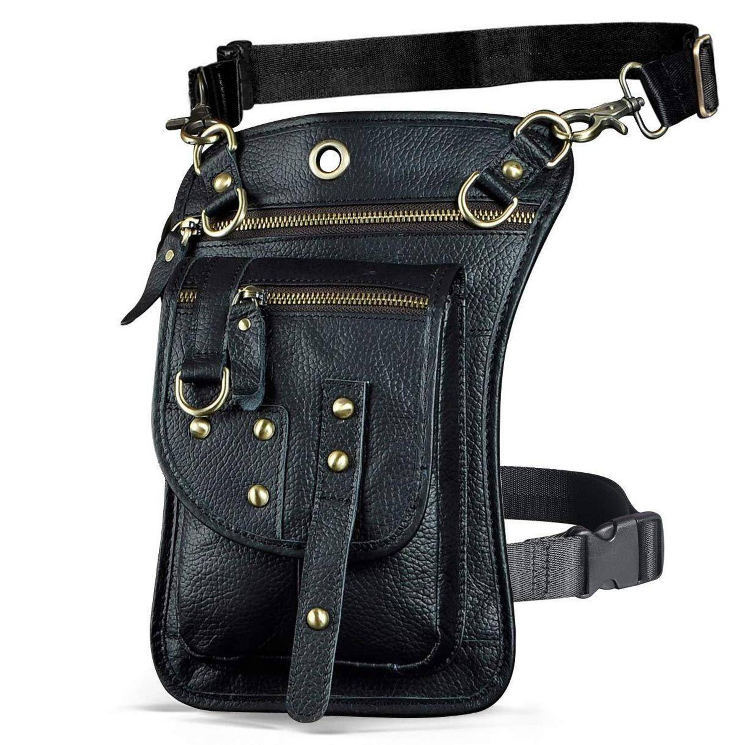 Herren Leder Tasche Hüfttasche Gürteltasche Drop Leg Bag Schwarz