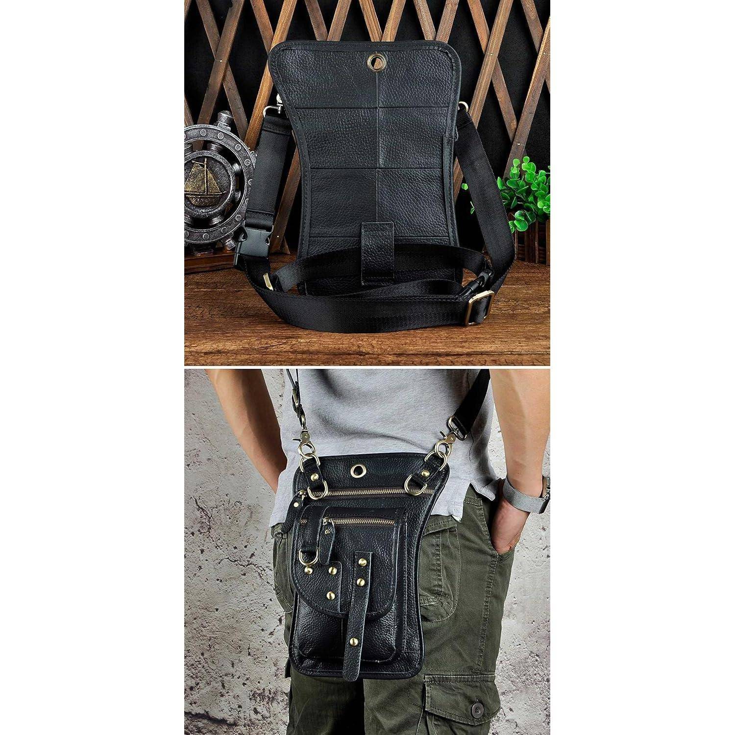 Herren Leder Tasche Hüfttasche Gürteltasche Drop Leg Bag Schwarz