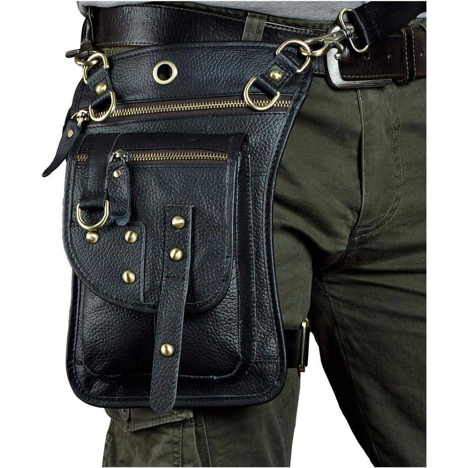 Herren Leder Tasche Hüfttasche Gürteltasche Drop Leg Bag Schwarz