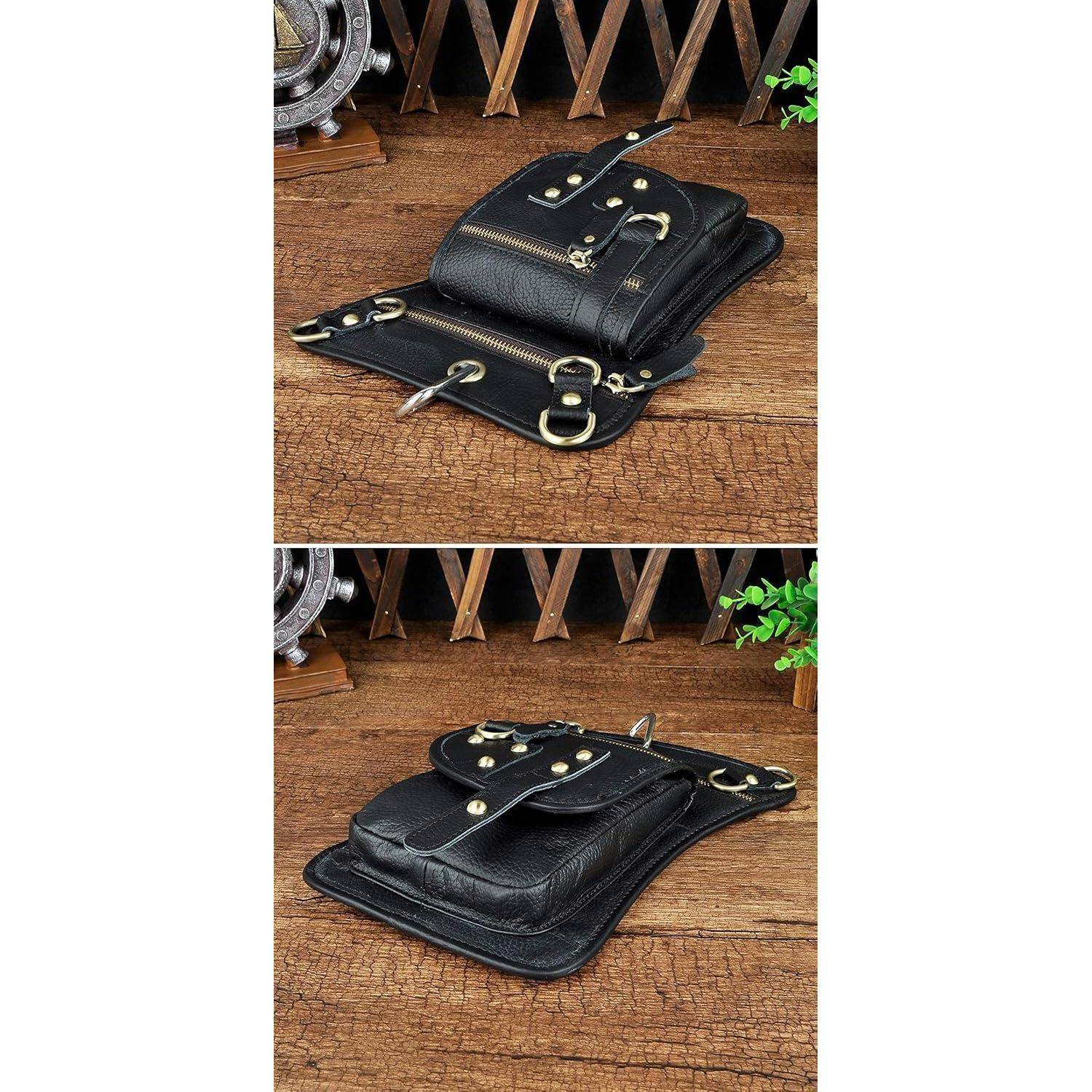Herren Leder Tasche Hüfttasche Gürteltasche Drop Leg Bag Schwarz