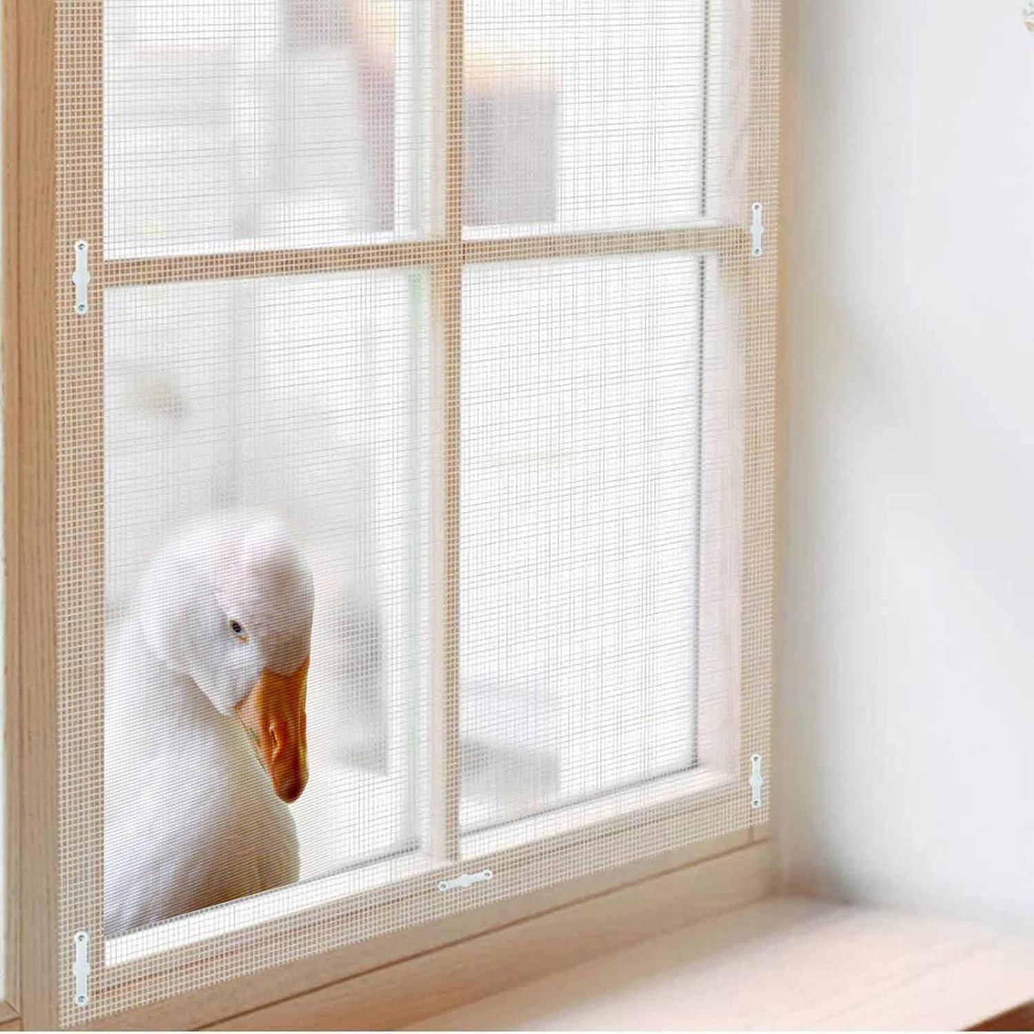 Eine weiße Ente schaut durch ein Maschenwindowscreen-Fenster, stehend auf einer Innenfensterbank im weichen Tageslicht.