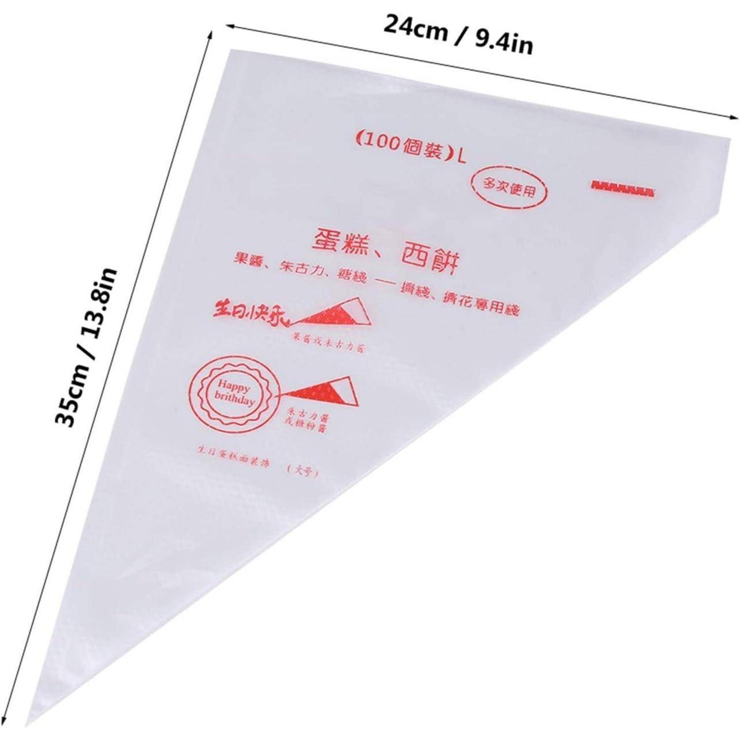 Weiße dreieckige Spritzbeutel zum Verzieren von Kuchen, gekennzeichnet mit rotem chinesischen Text, mit den Abmessungen 24 cm x 35 cm und 100 Stück pro Packung.