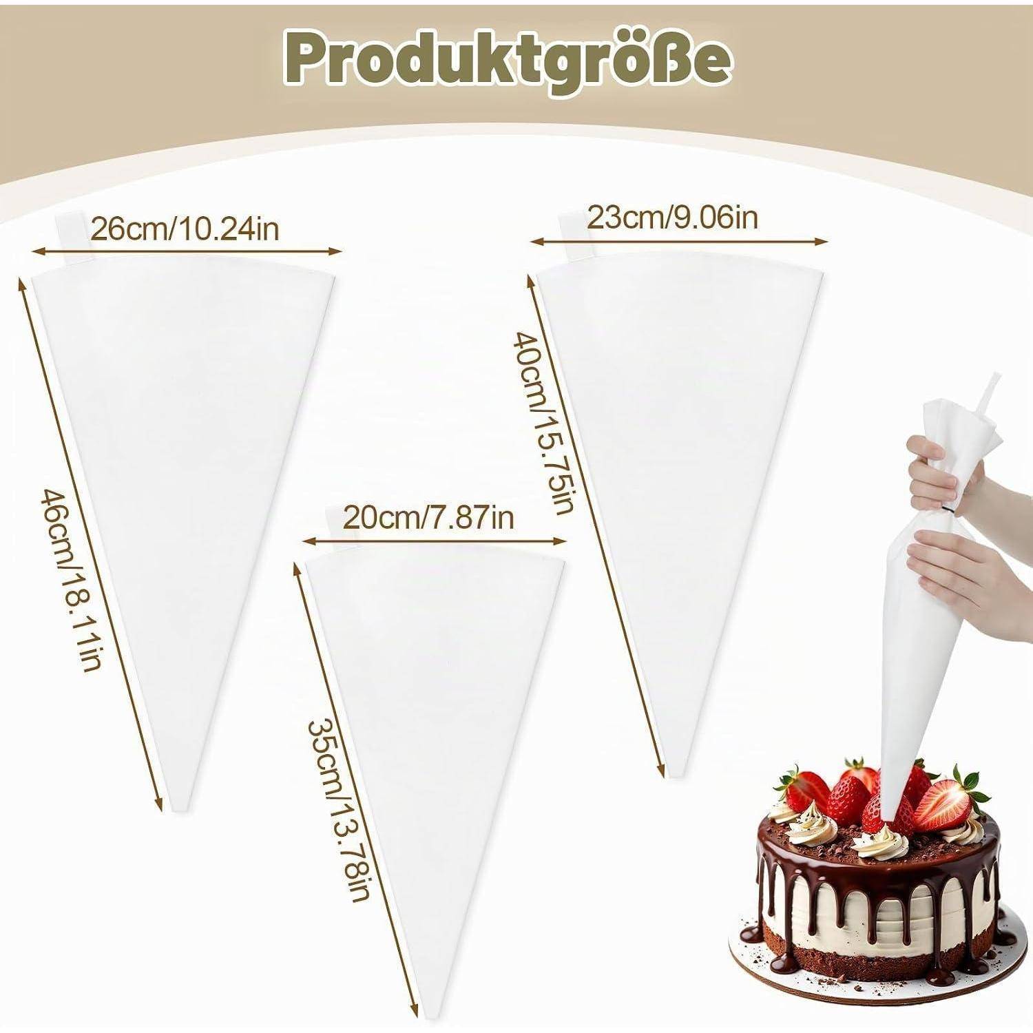 Größenvergleich für Gebäckspritzbeautel mit drei Varianten: 26cm x 46cm, 23cm x 40cm und 20cm x 35cm, mit einer Hand, die einen Kuchen verziert.
