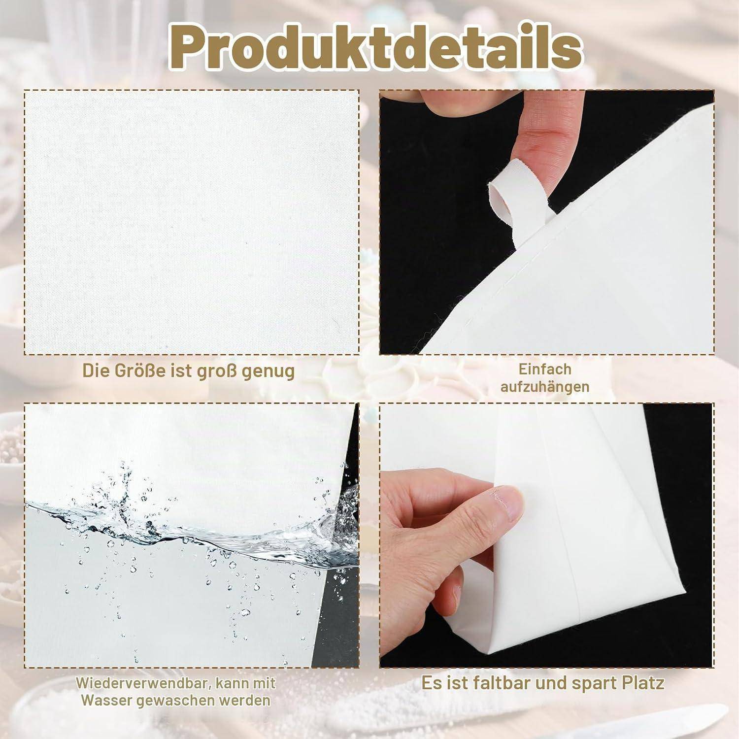 Produktdetails-Grafik, die ein wiederverwendbares weißes Haftblatt zeigt: einfach zu befestigen, mit Wasser abwaschbar, faltbar und platzsparend, in großer Größe.