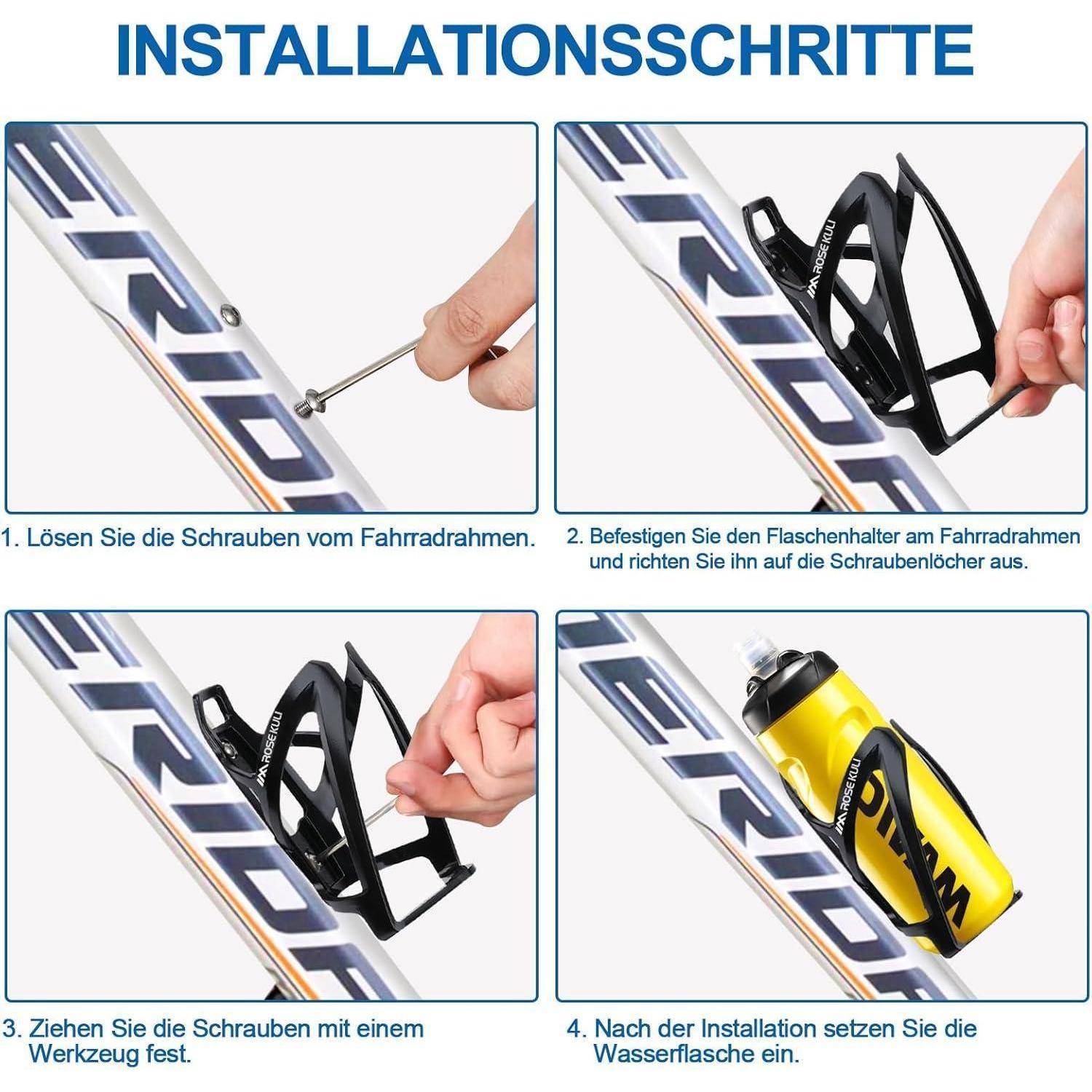 Vierschrittiger deutscher Installationsleitfaden für einen Fahrradflaschenhalter: Rahmenbolzen lockern, Halter anbringen und ausrichten, Schrauben festziehen, dann Wasserflasche einsetzen.