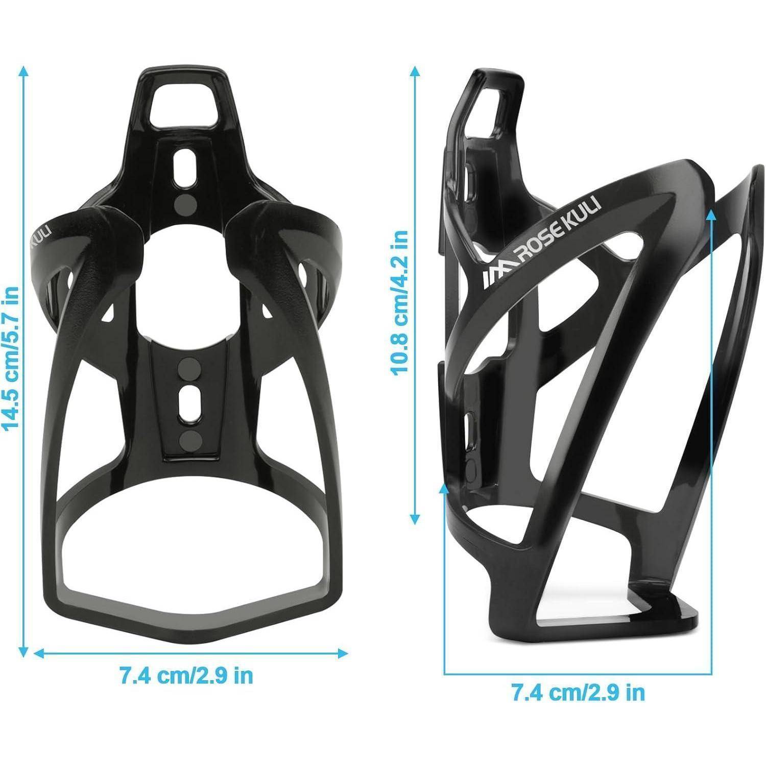 Schwarzer ROSCKUL Fahrrad-Wasserflaschenhalter gezeigt in Front- und Seitenansicht mit Abmessungen 14,5 cm x 7,4 cm x 10,8 cm.