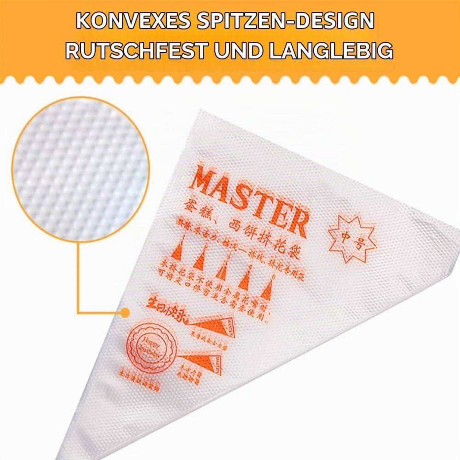 Weiße dreieckige Spritztüte mit orangenem „MASTER