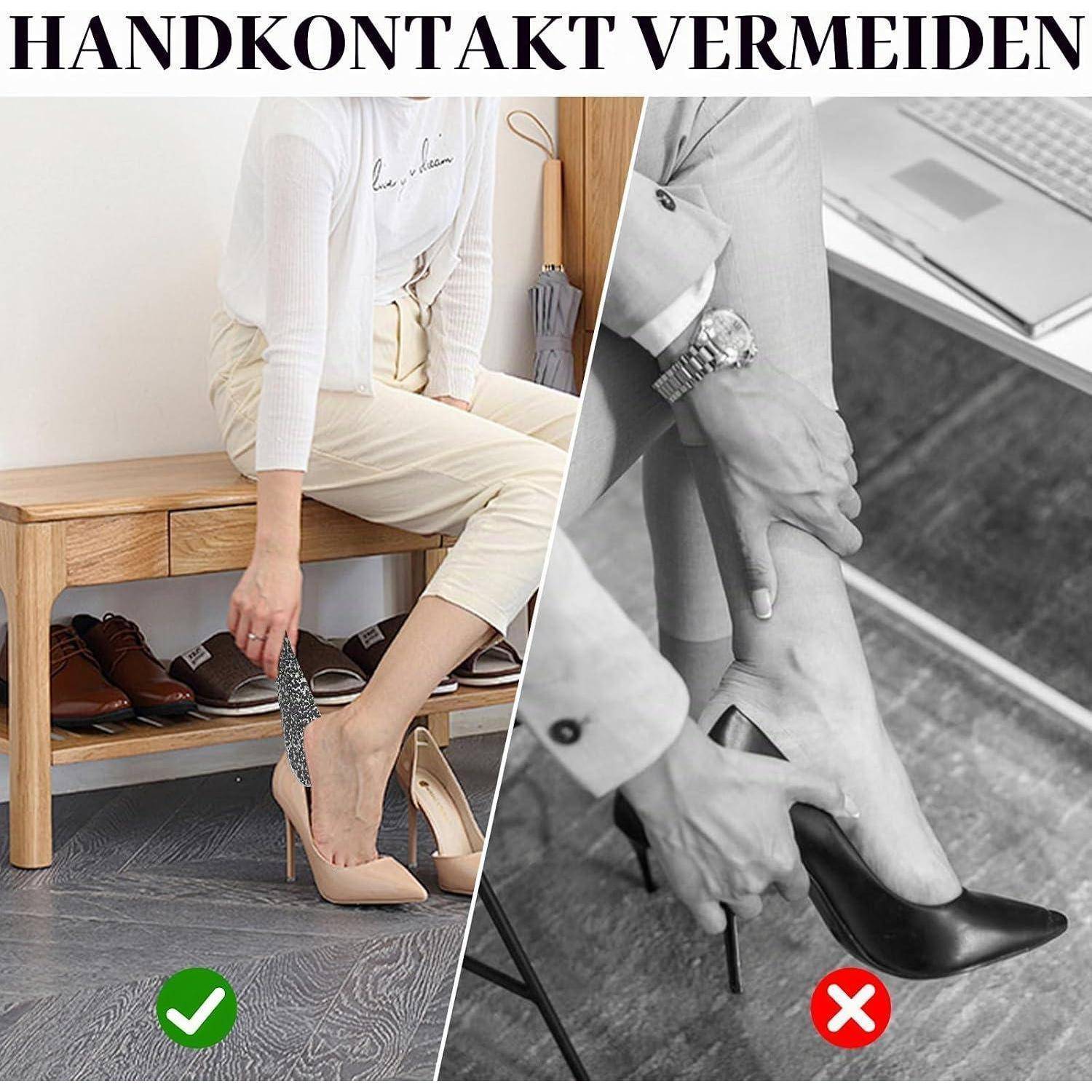 Bild zum Vergleich von Schuhentfernung: Links wird eine Frau gezeigt, die leicht einen Absatzhoch ablegt, gekennzeichnet mit einem grünen Haken; rechts wird eine unbeholfene Schuhentfernung gezeigt, gekennzeichnet mit einem roten X.