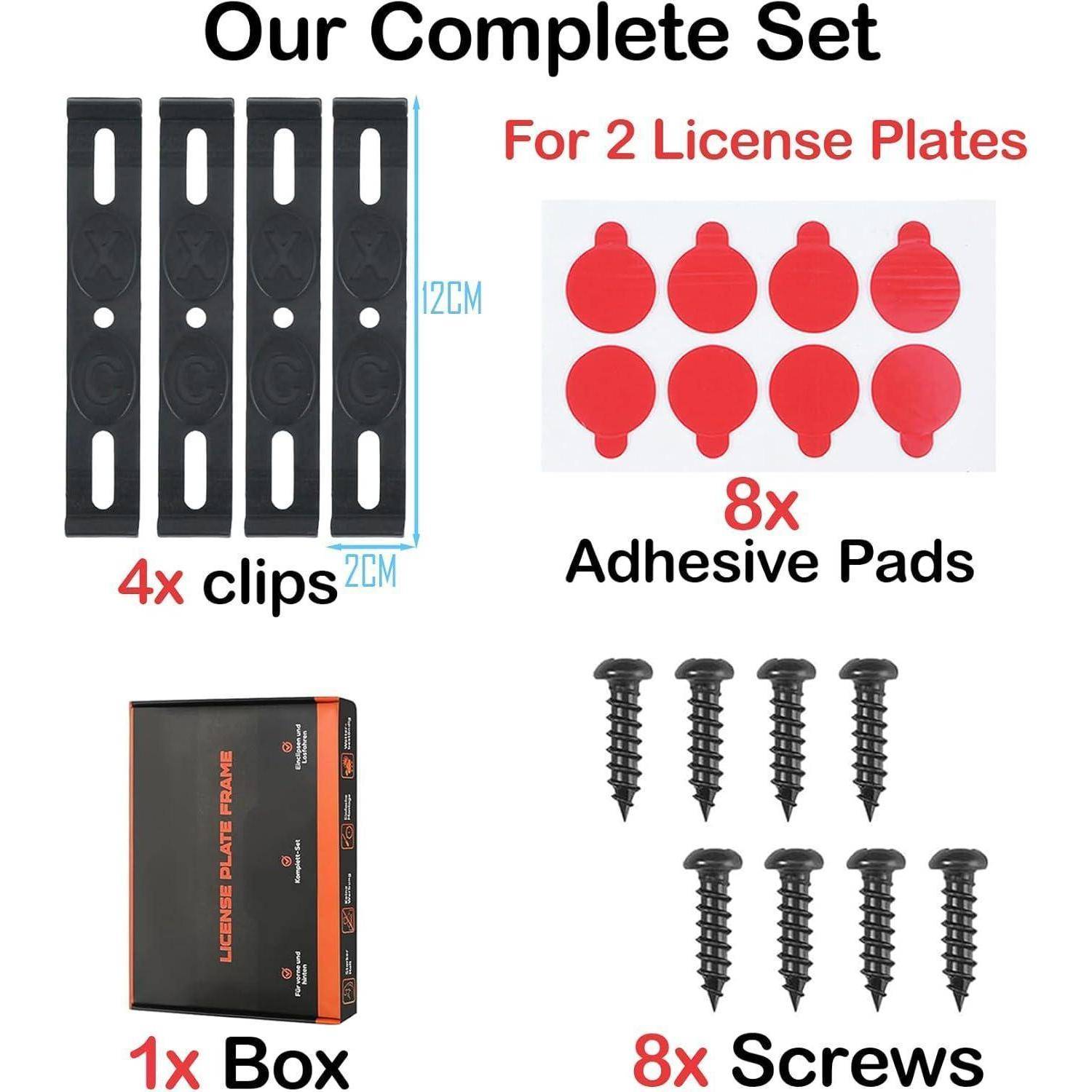 Produktsatz-Illustration zeigt 4 Clips, 8 Klebepads, 8 Schrauben und 1 Box für 2 Kennzeichen.