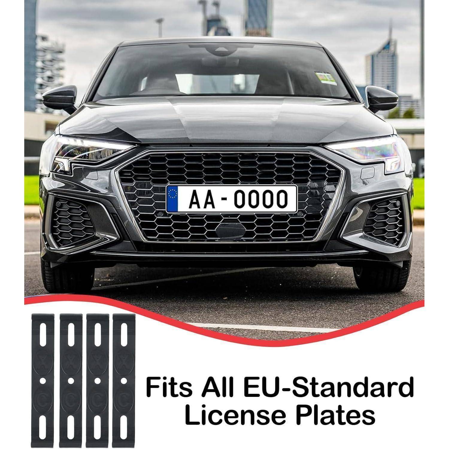 Schwarzes Auto Frontansicht mit EU-Kennzeichen 'AA-0000'; Anzeigentext besagt 'Passt auf alle EU-Standard-Kennzeichen' neben Befestigungsleisten.